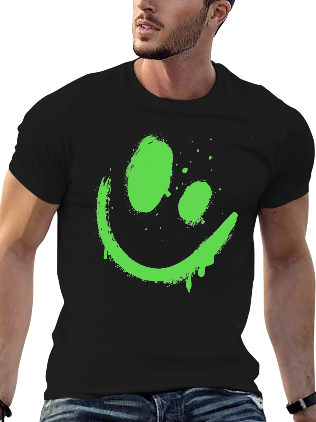 Neon Green Smiley Face Graphic Black T-Shirt