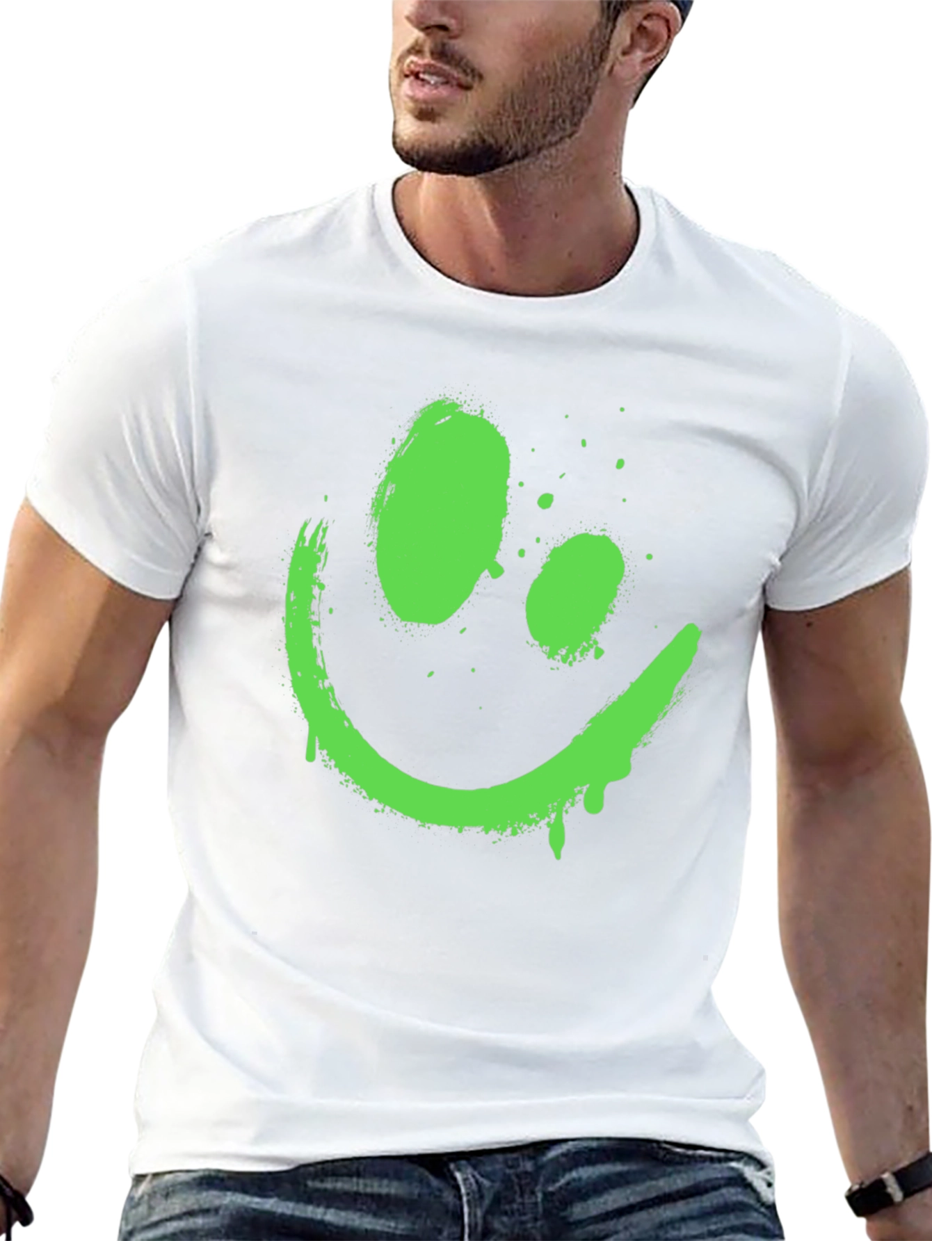 Neon Green Smiley Face Graphic Black T-Shirt
