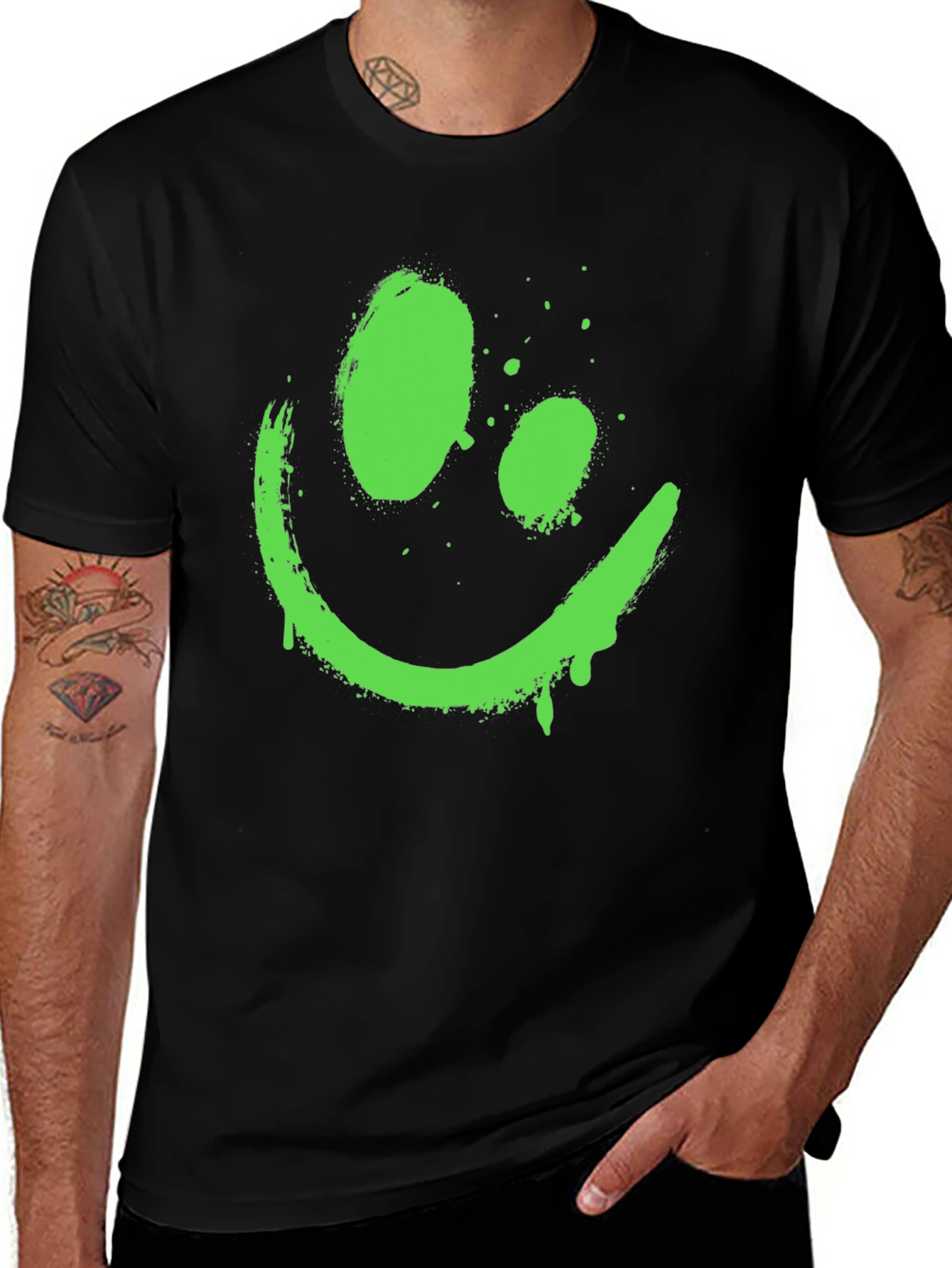 Neon Green Smiley Face Graphic Black T-Shirt