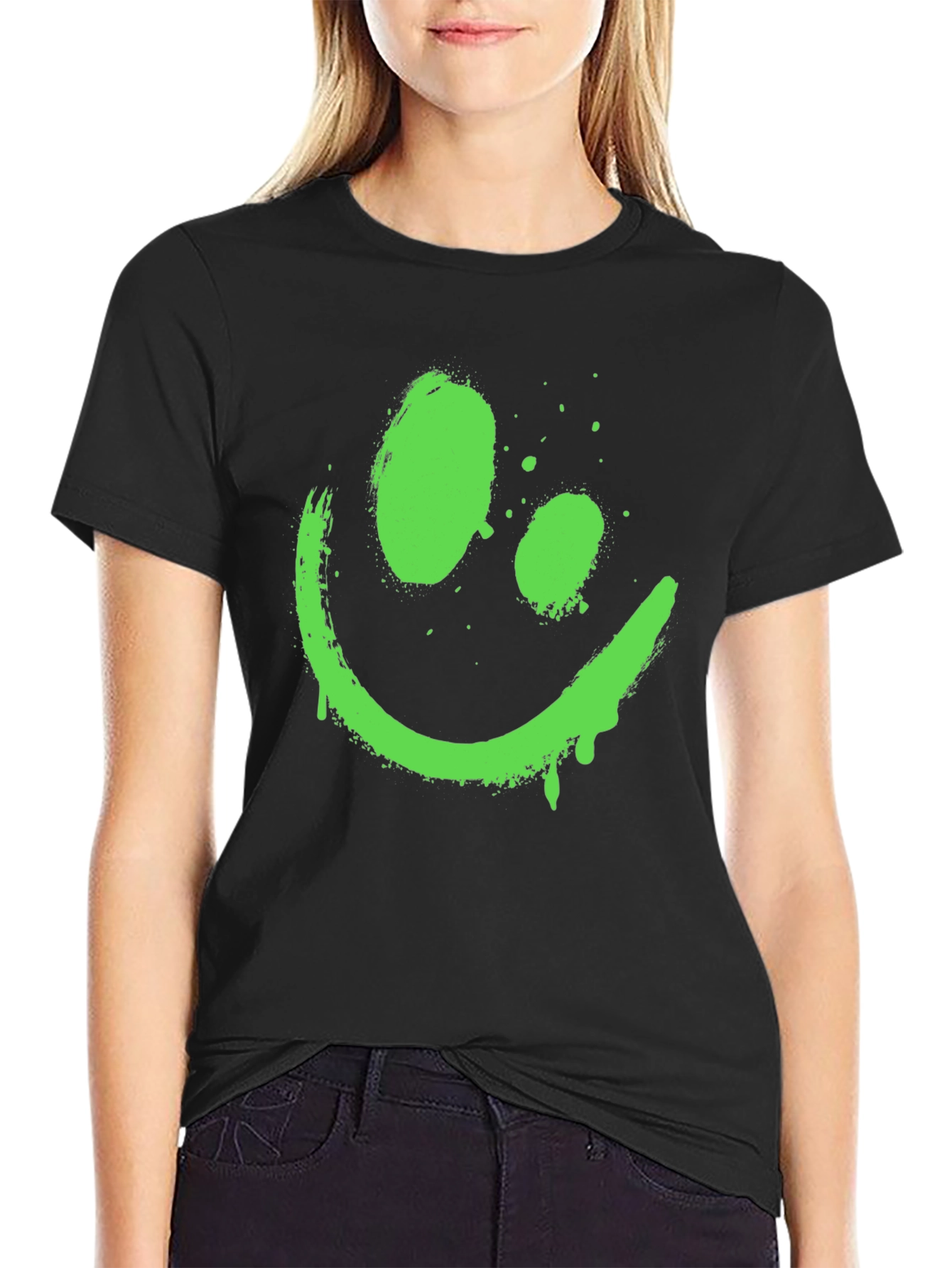 Neon Green Smiley Face Graphic Black T-Shirt