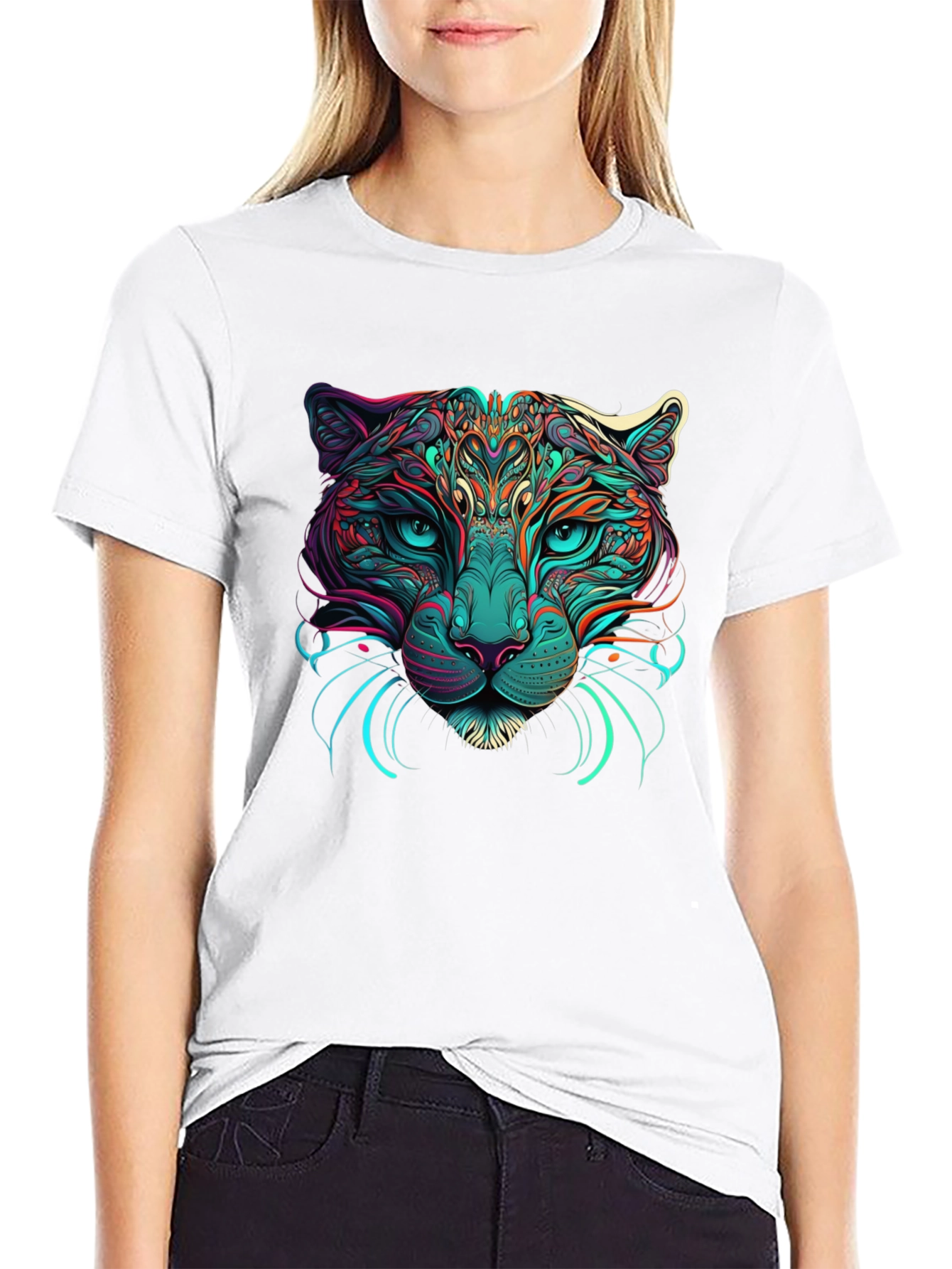 Psychedelic Cat Graphic Tee - Black Cotton T-Shirt