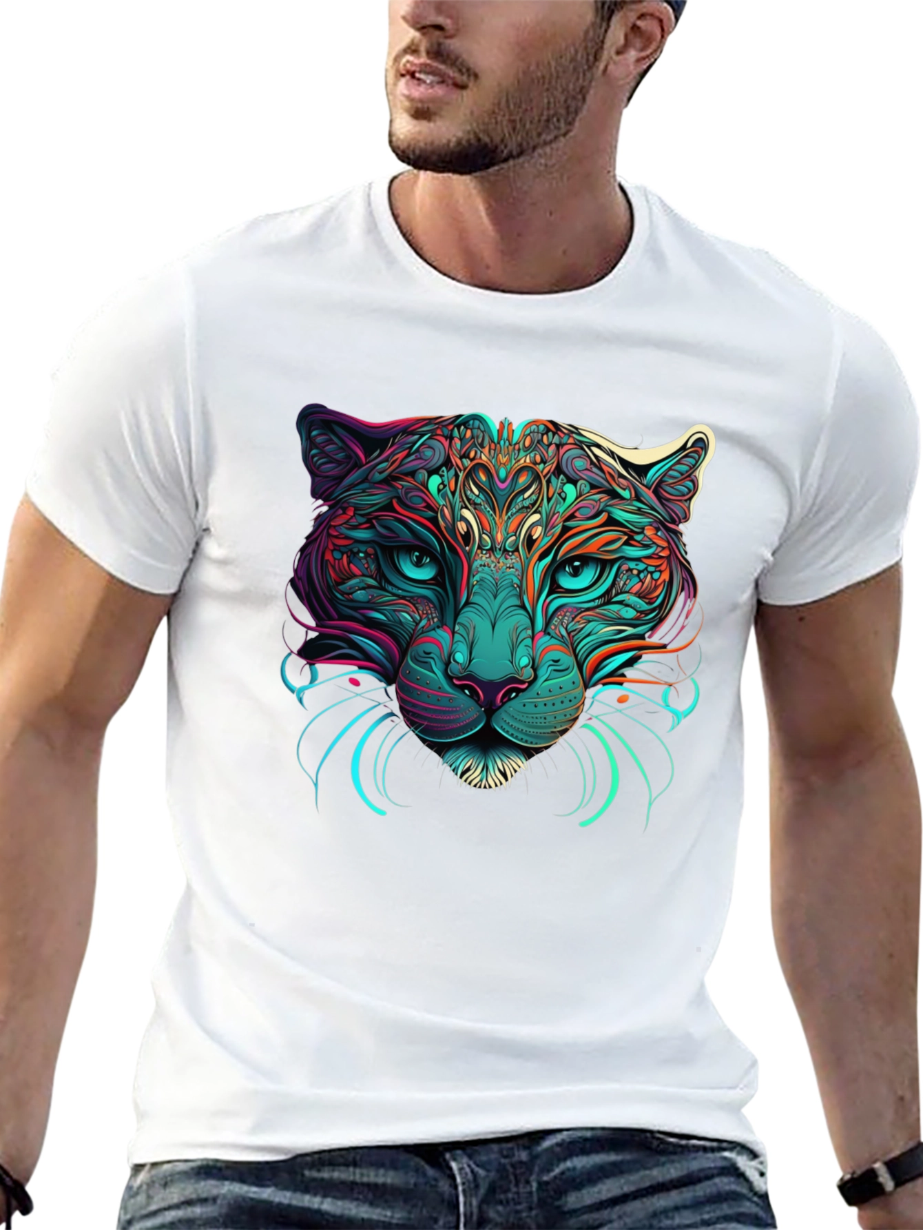 Psychedelic Cat Graphic Tee - Black Cotton T-Shirt