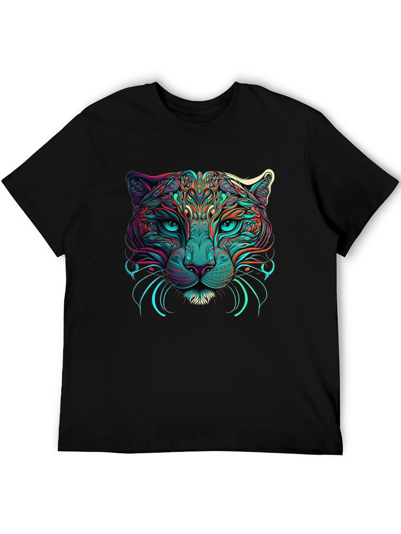 Psychedelic Cat Graphic Tee - Black Cotton T-Shirt