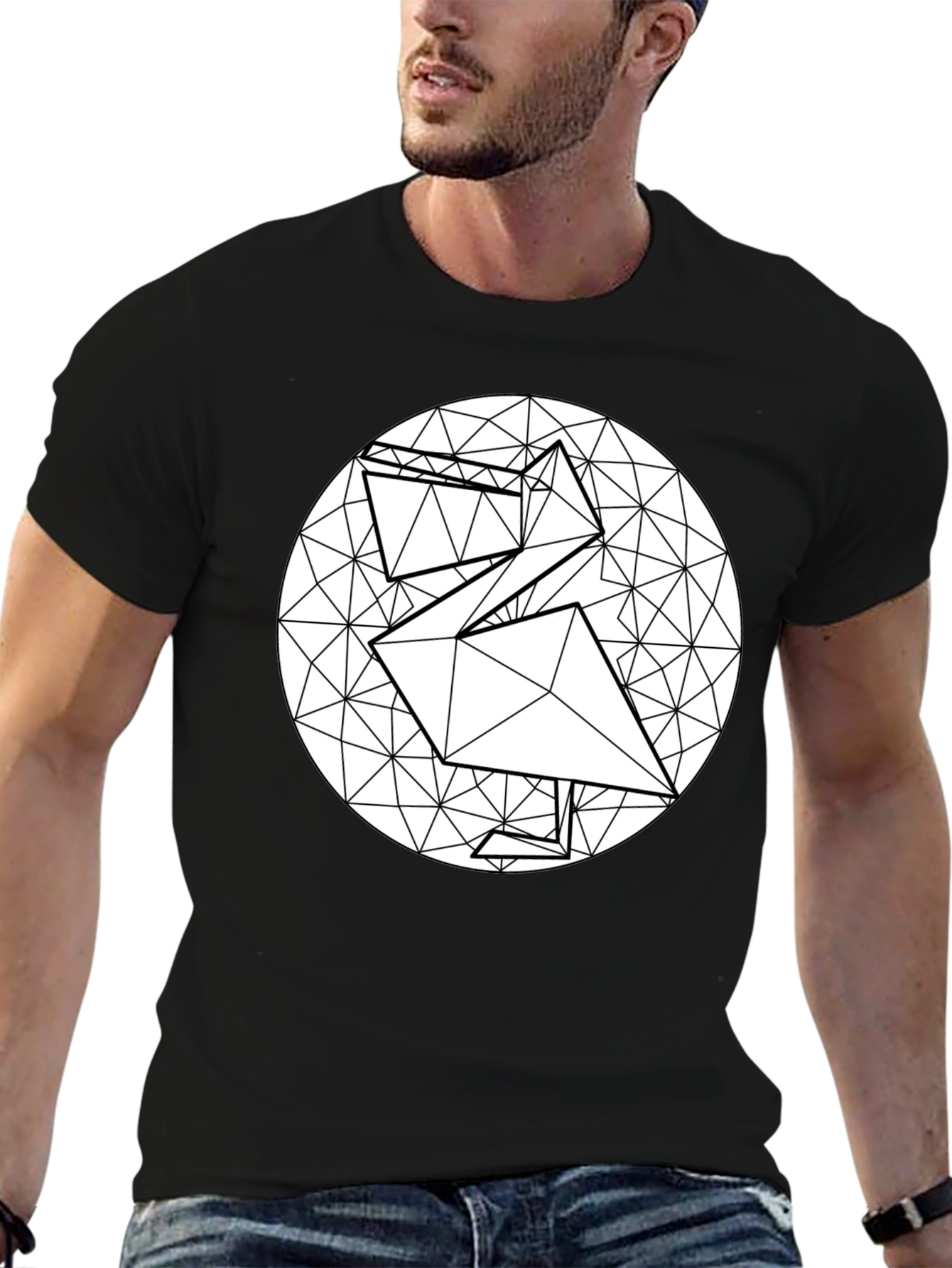 Geometric Origami Bird Black T-Shirt