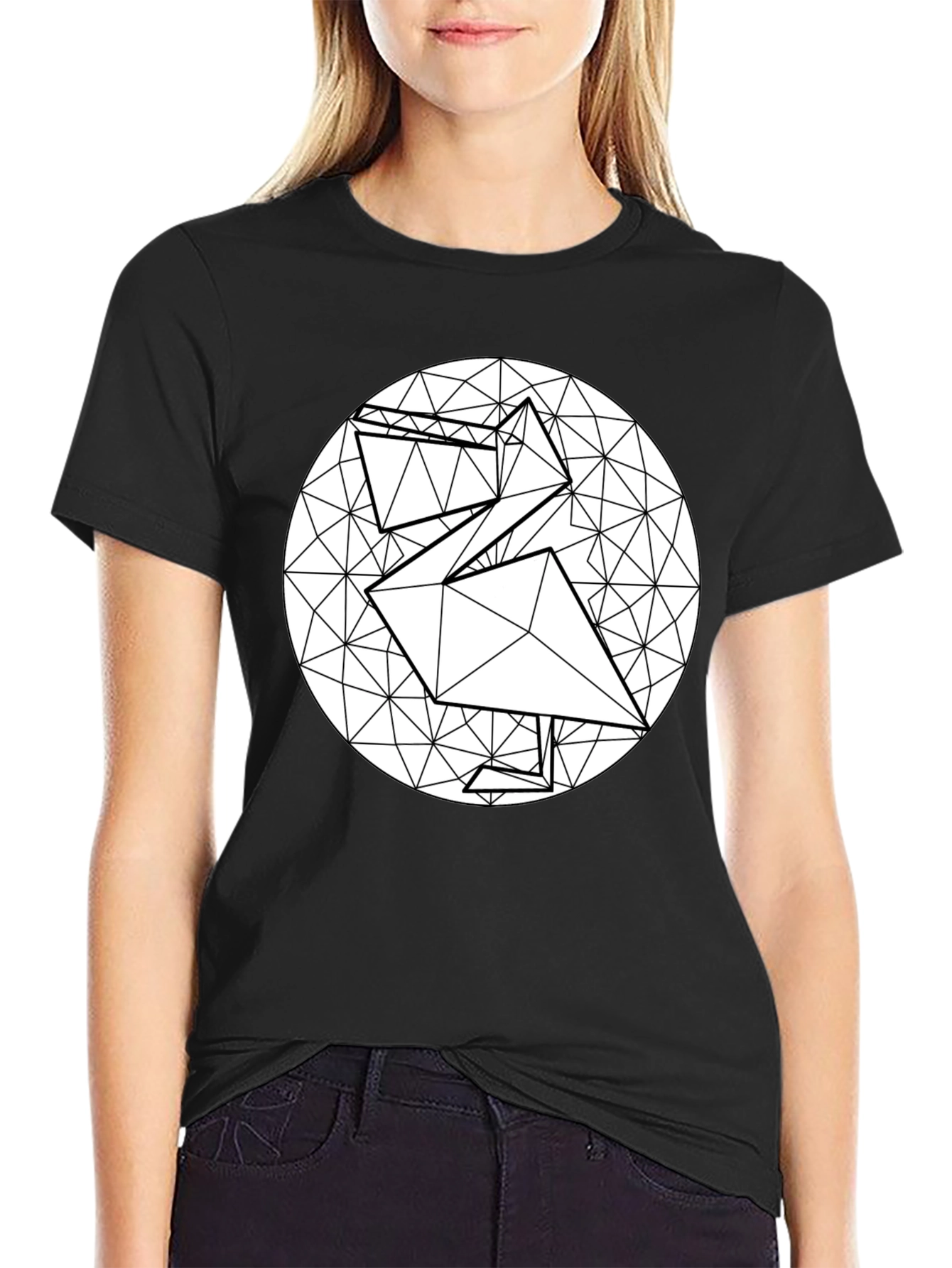 Geometric Origami Bird Black T-Shirt