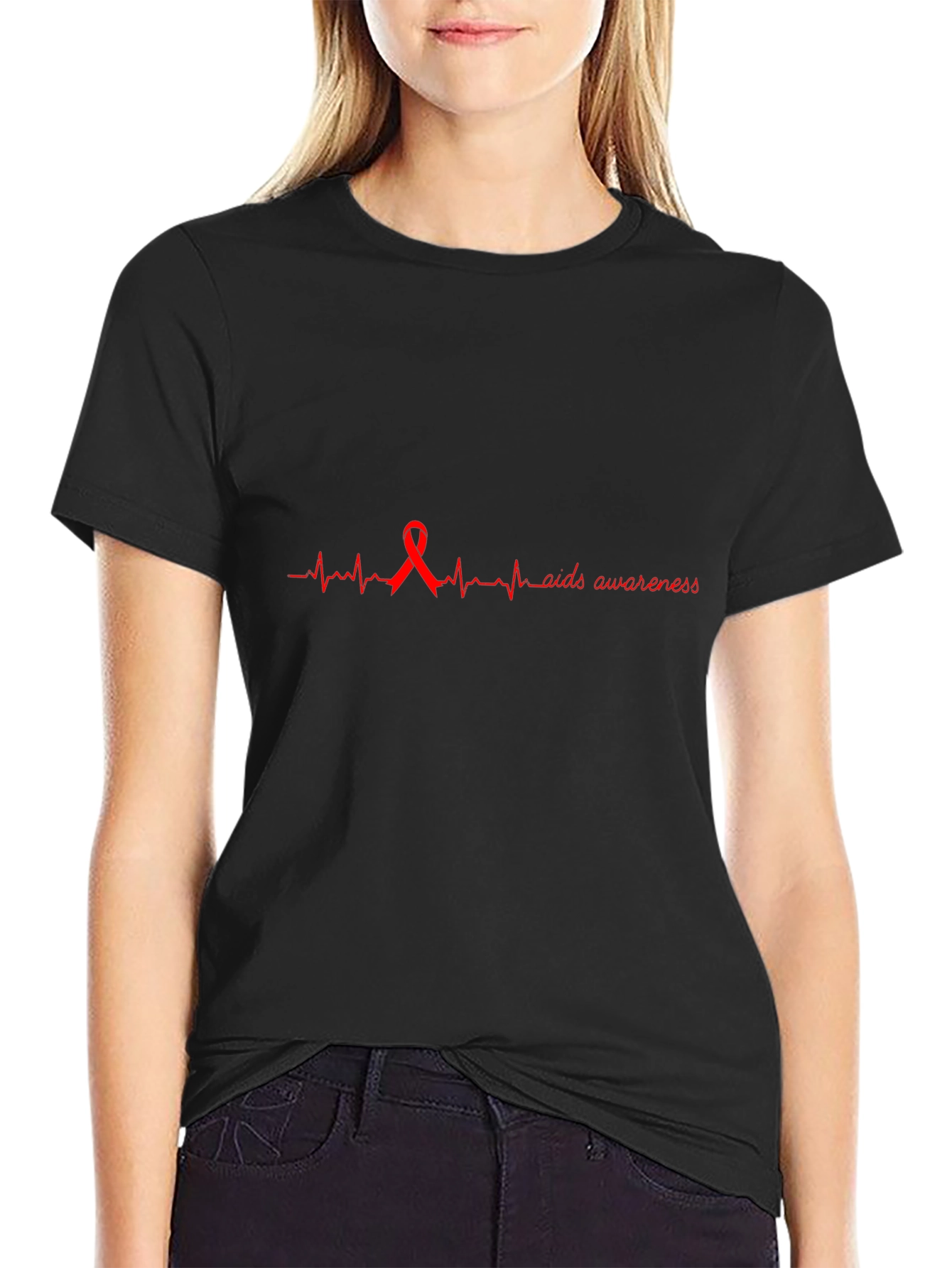 AIDS Awareness Ribbon Heartbeat Graphic Tee - Black