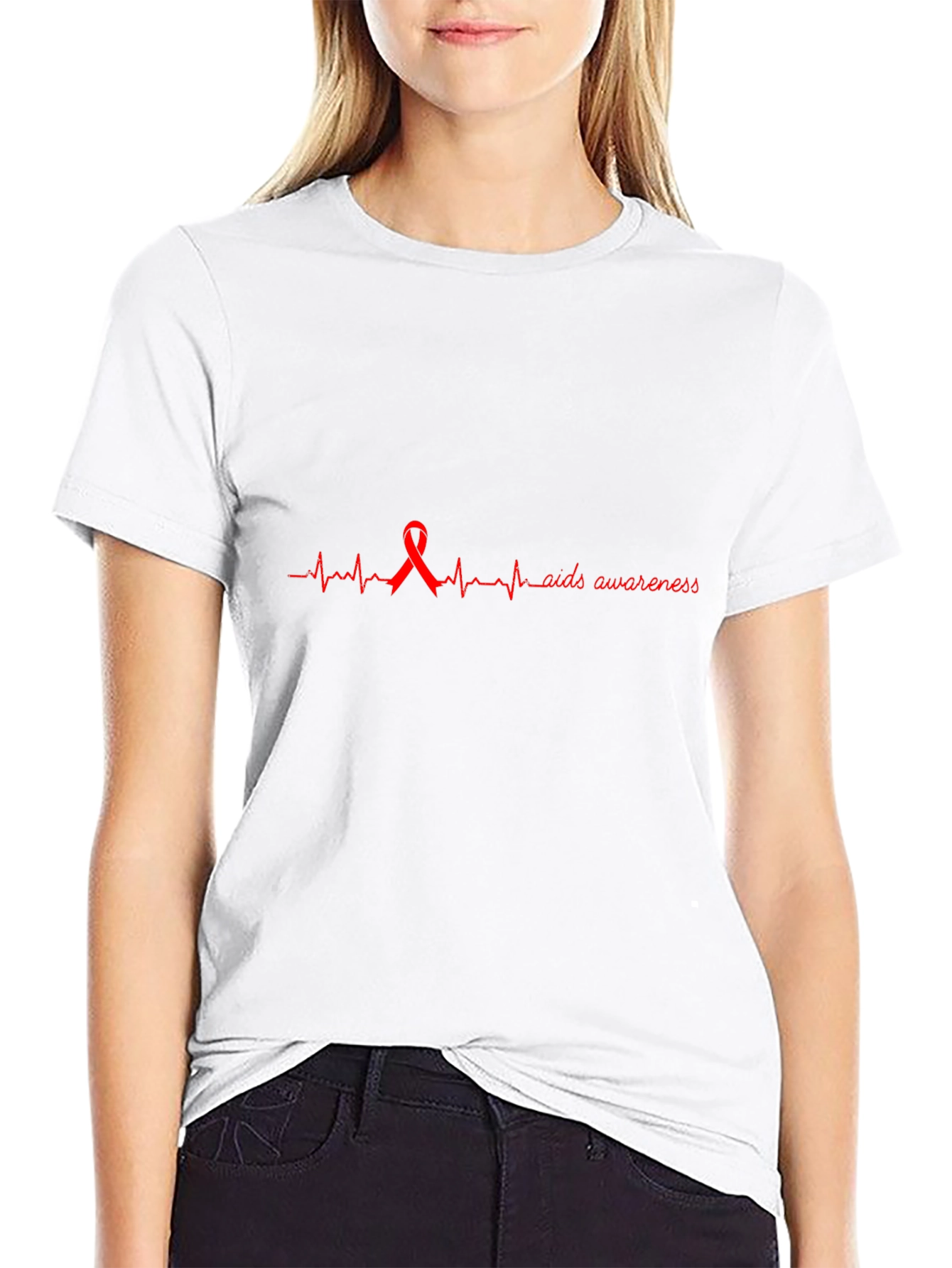 AIDS Awareness Ribbon Heartbeat Graphic Tee - Black