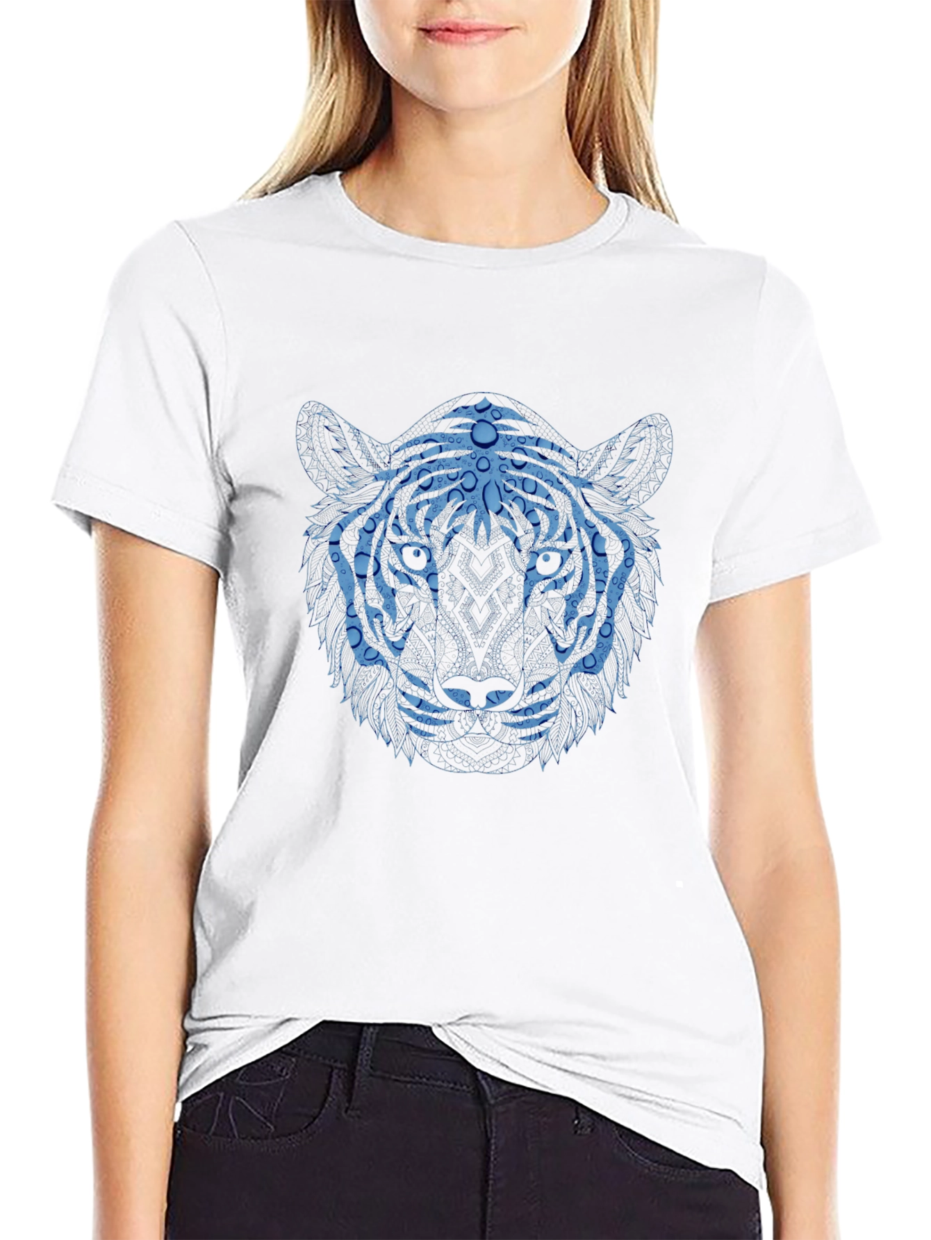 Blue Tiger Graphic Print Black T-Shirt