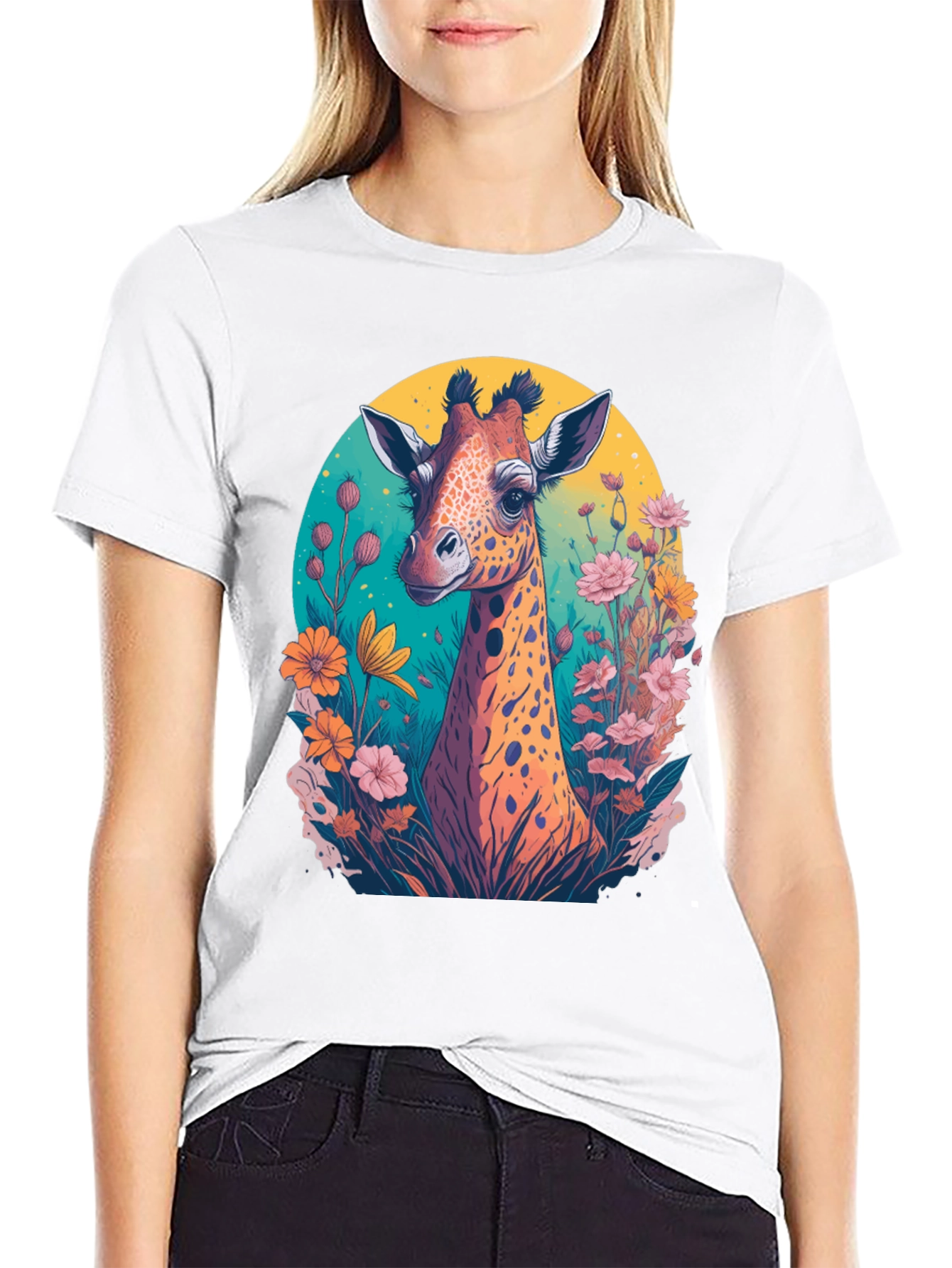 Giraffe Floral Graphic Tee - Black Cotton