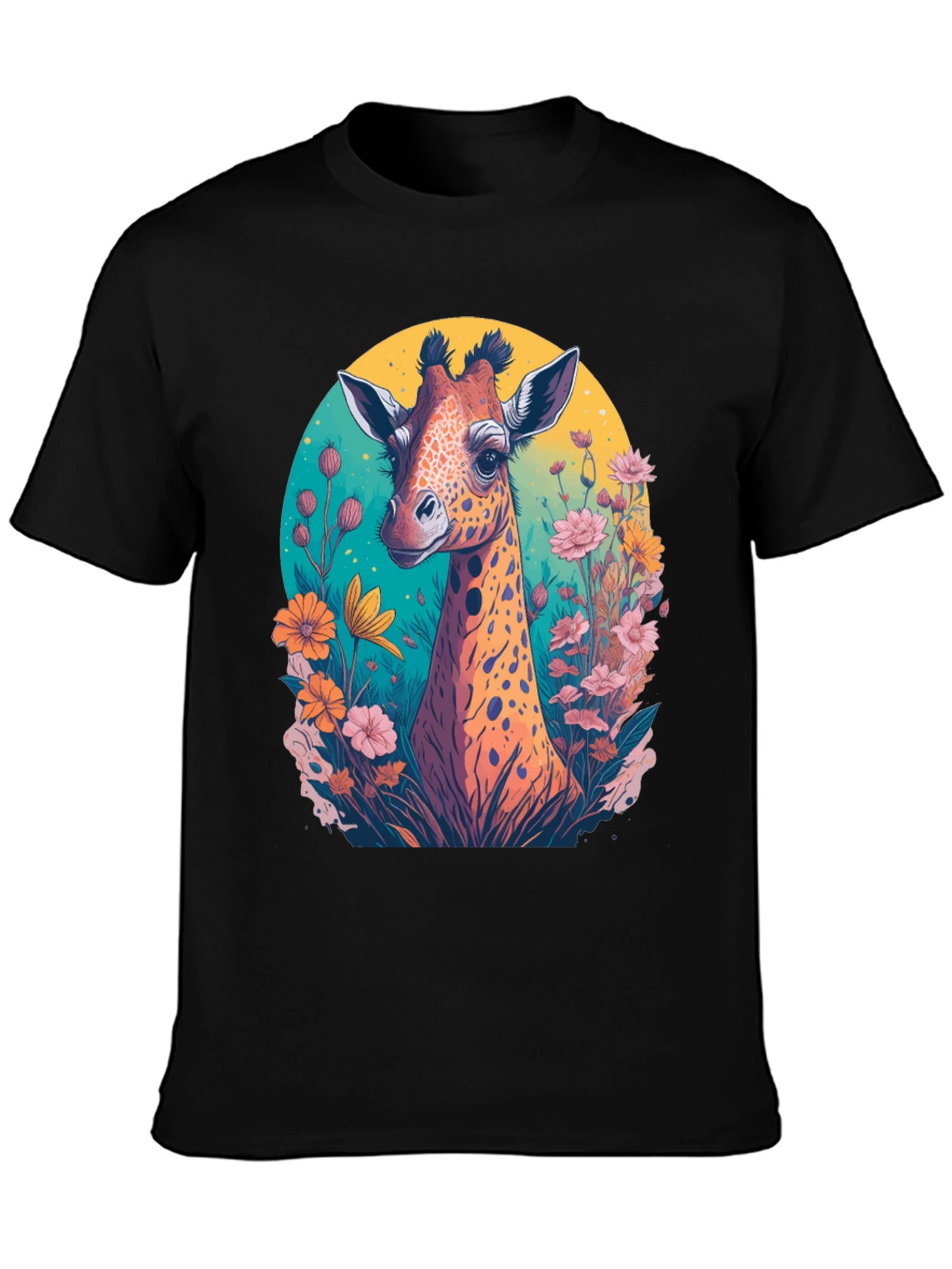 Giraffe Floral Graphic Tee - Black Cotton