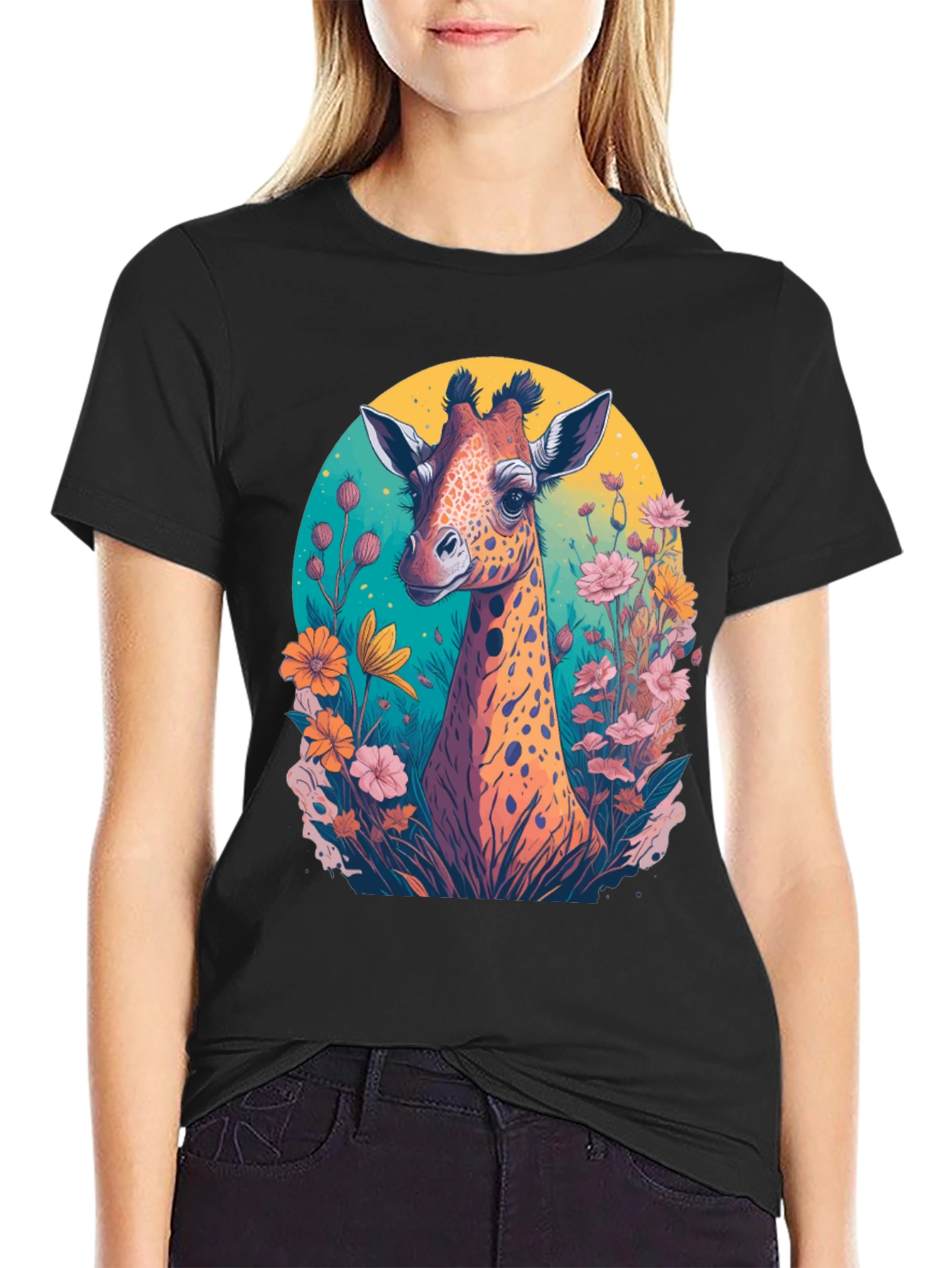 Giraffe Floral Graphic Tee - Black Cotton