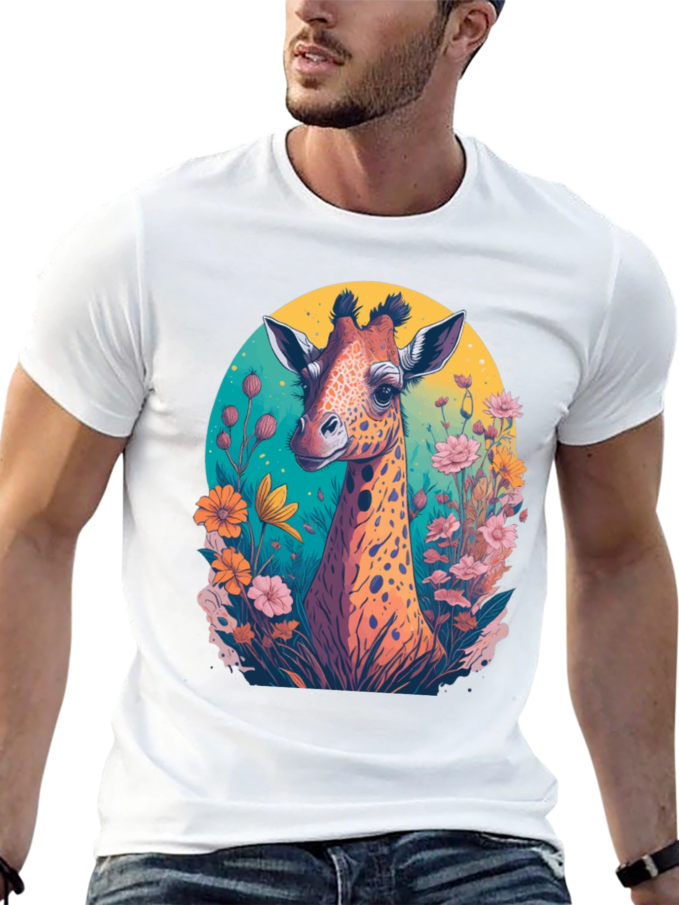 Giraffe Floral Graphic Tee - Black Cotton