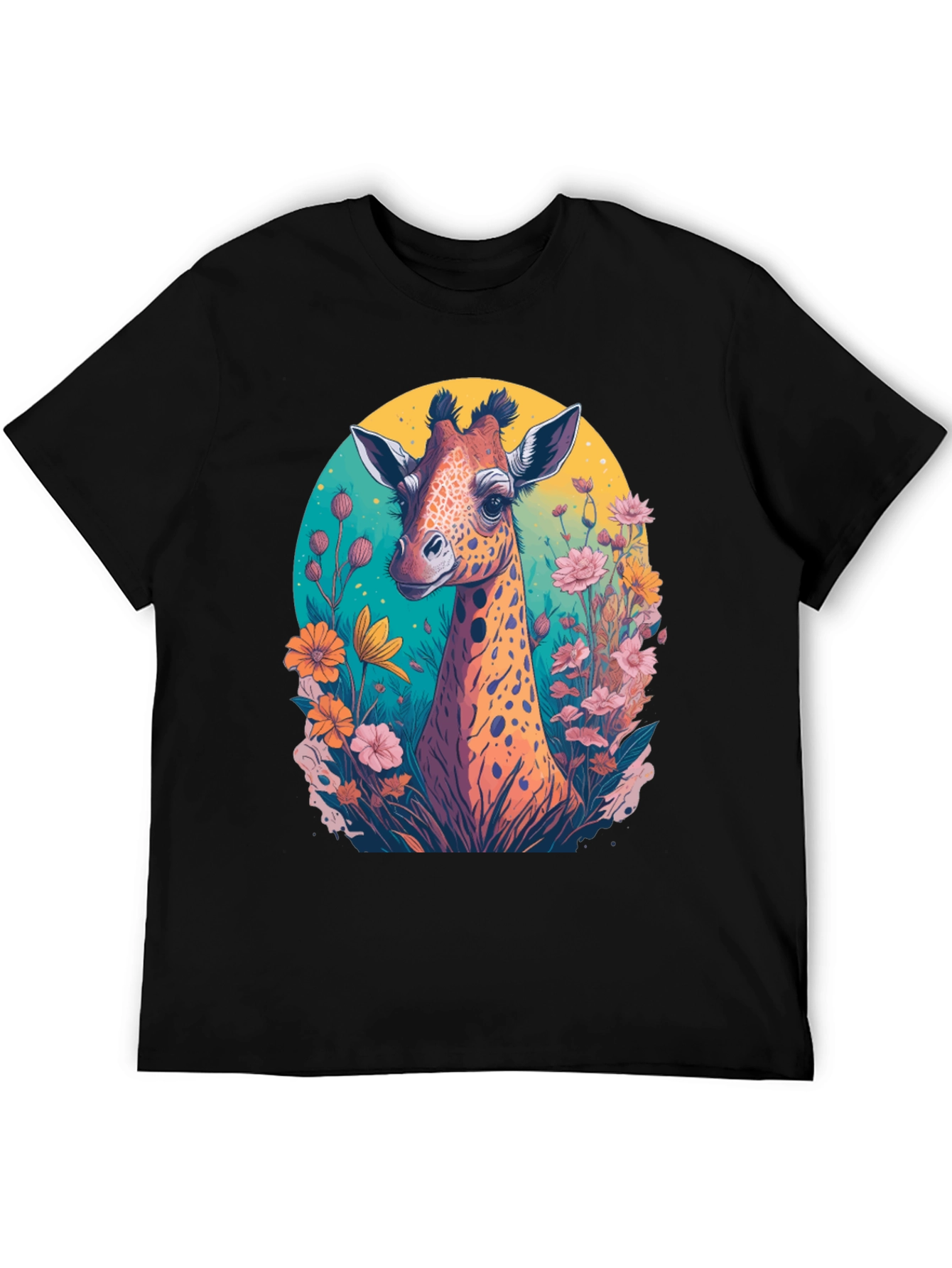 Giraffe Floral Graphic Tee - Black Cotton