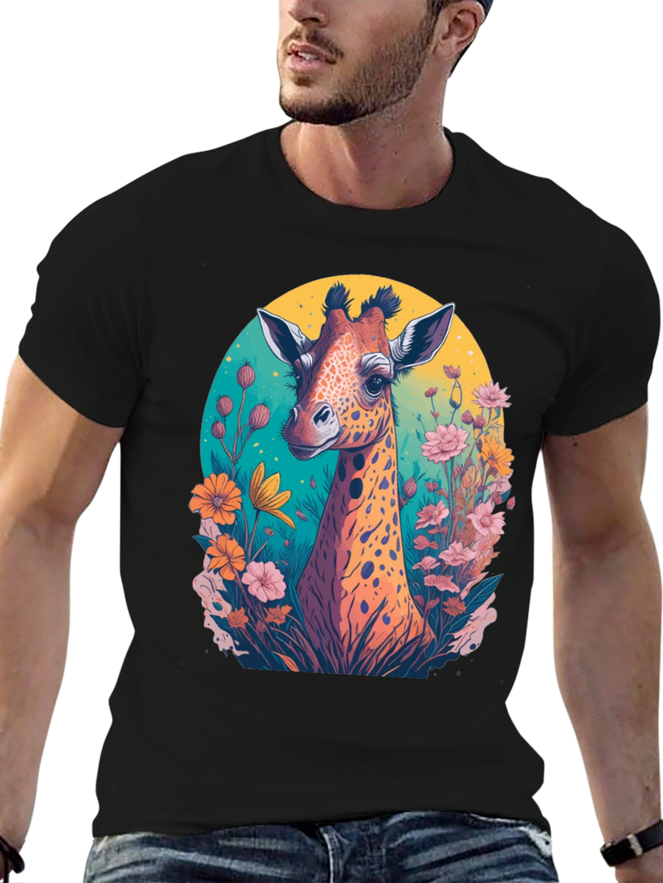 Giraffe Floral Graphic Tee - Black Cotton