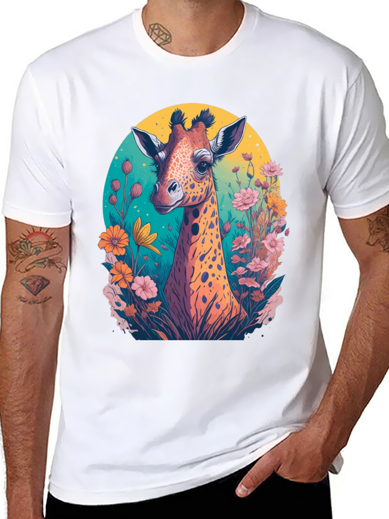 Giraffe Floral Graphic Tee - Black Cotton