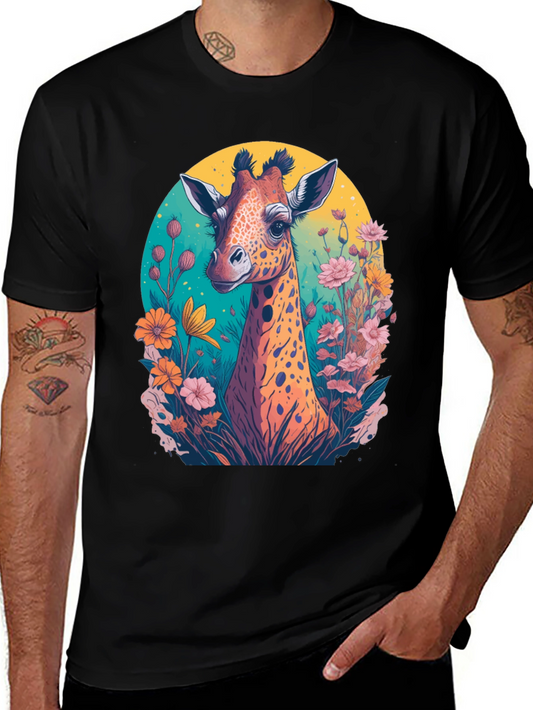 Giraffe Floral Graphic Tee - Black Cotton