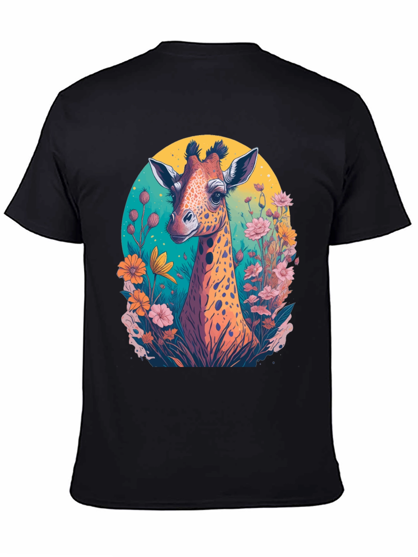Giraffe Floral Graphic Tee - Black Cotton