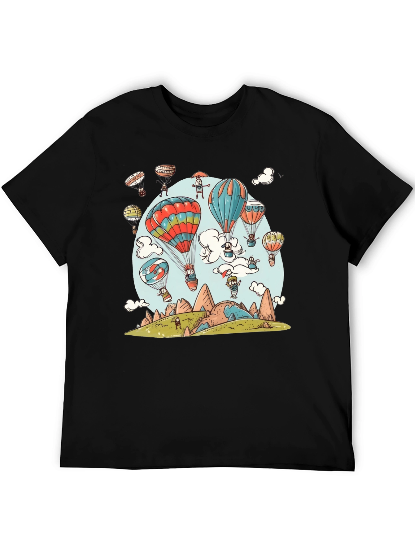 Cartoon Hot Air Balloon Graphic Tee - Black