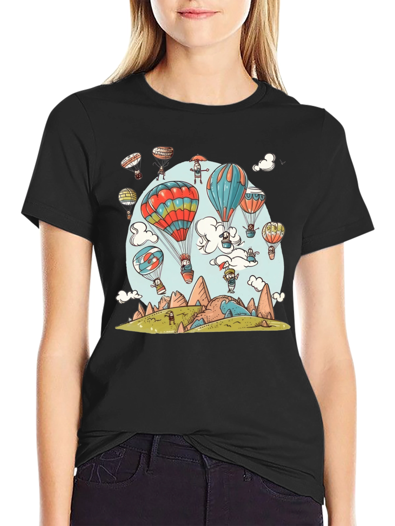 Cartoon Hot Air Balloon Graphic Tee - Black
