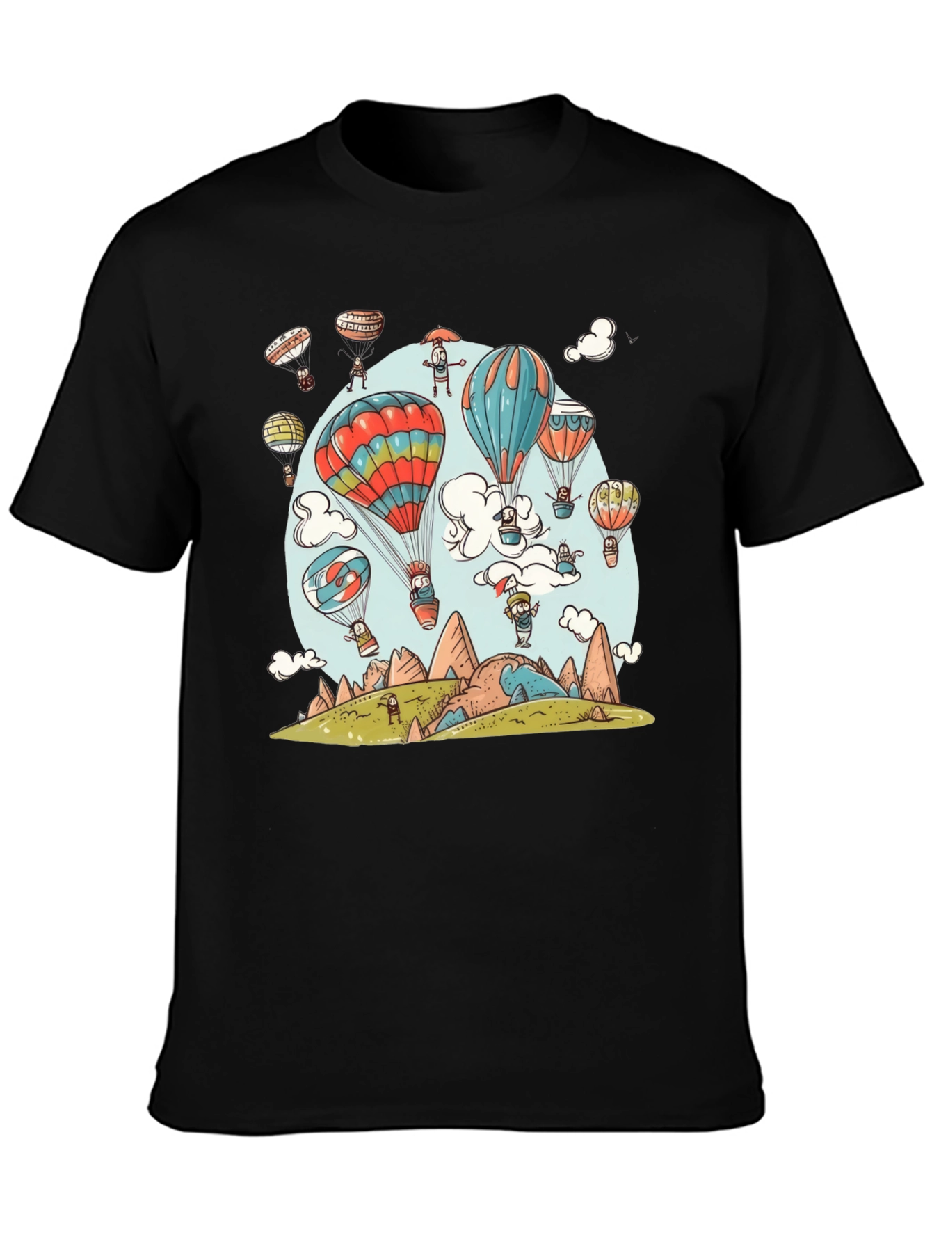 Cartoon Hot Air Balloon Graphic Tee - Black