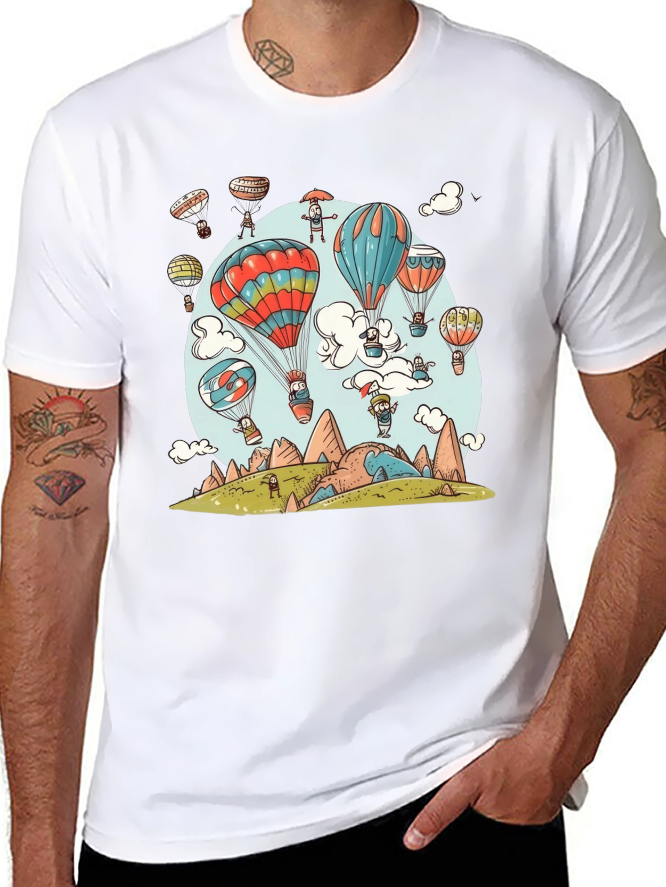 Cartoon Hot Air Balloon Graphic Tee - Black