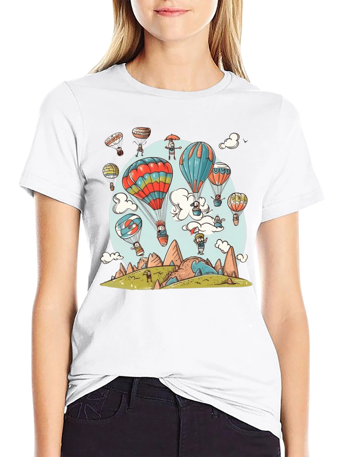 Cartoon Hot Air Balloon Graphic Tee - Black