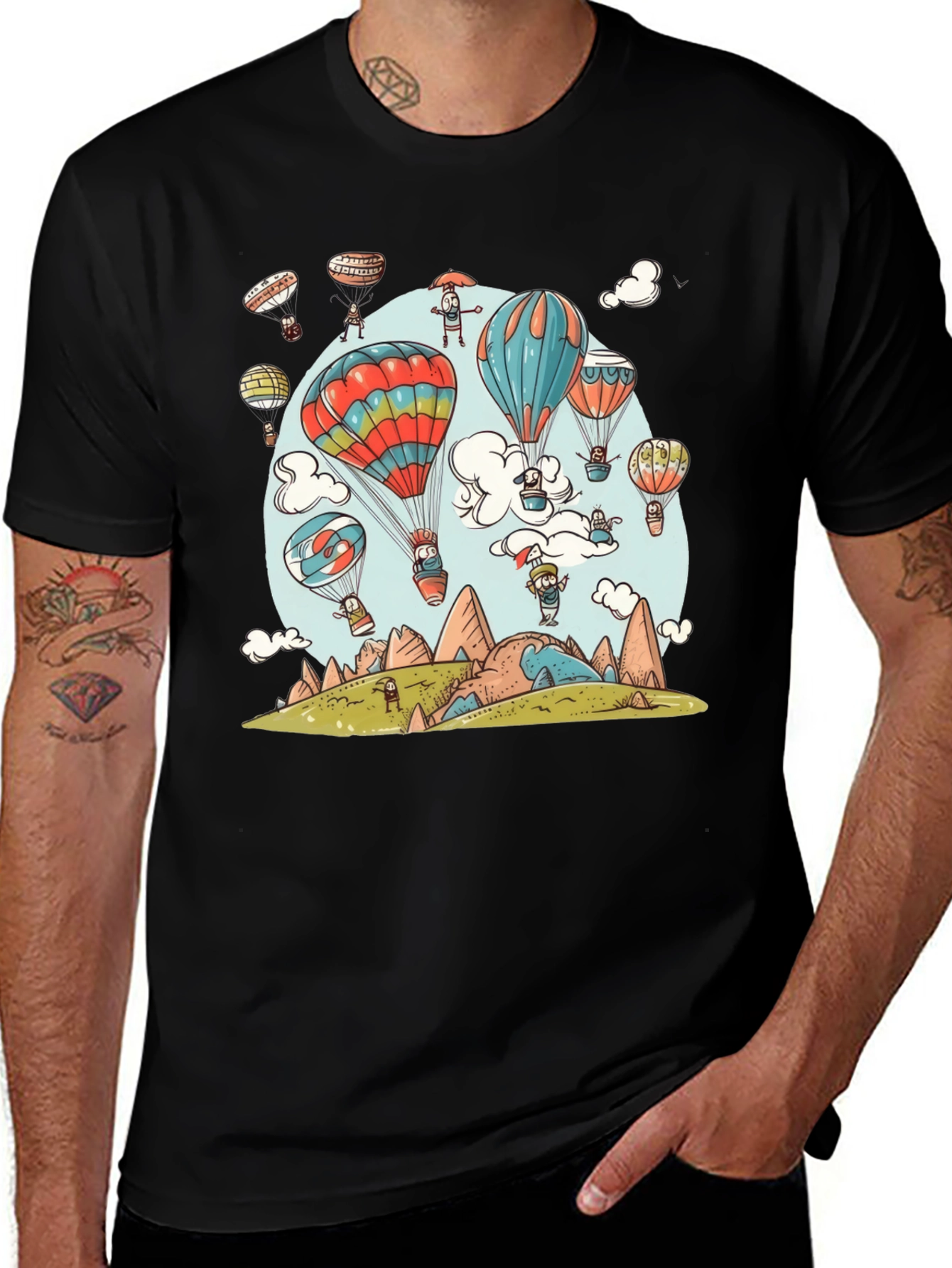 Cartoon Hot Air Balloon Graphic Tee - Black