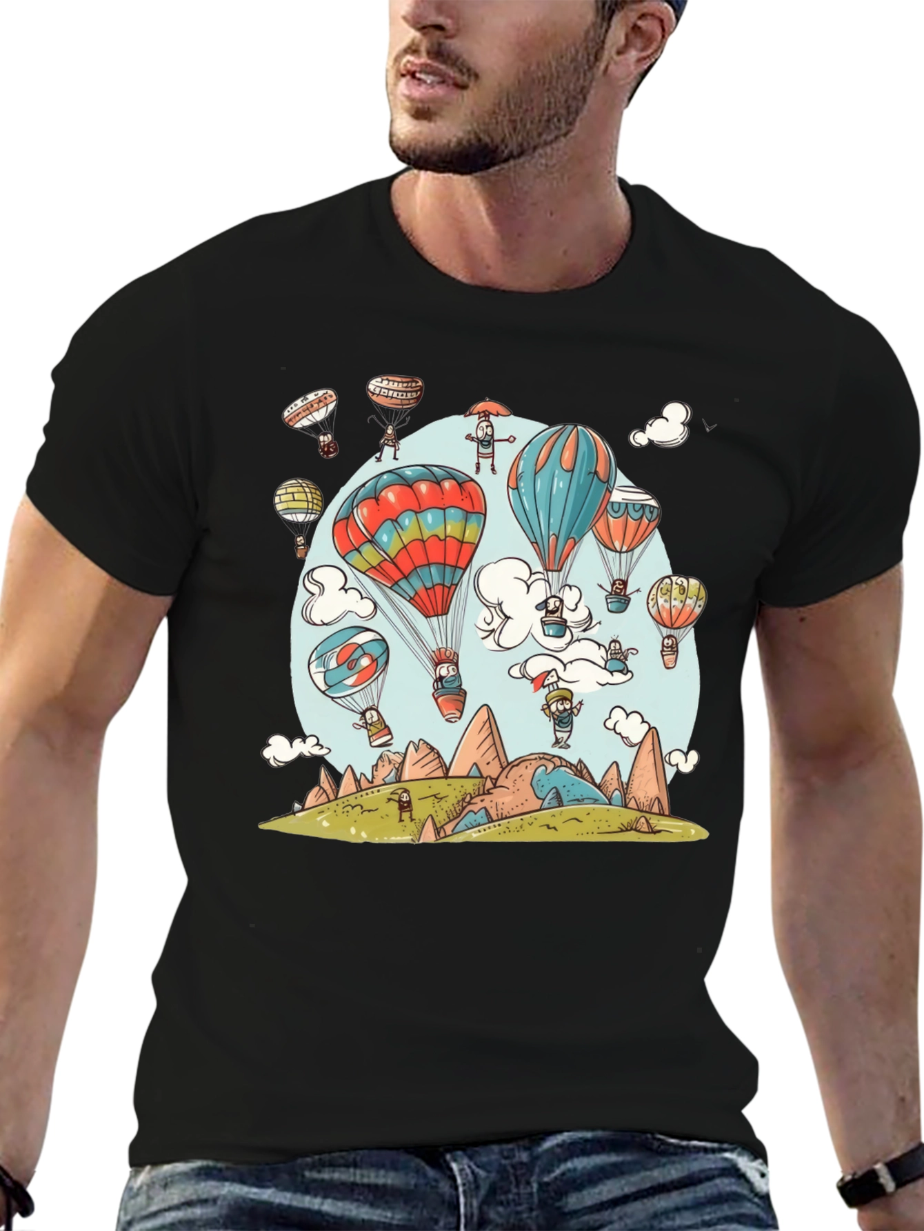 Cartoon Hot Air Balloon Graphic Tee - Black