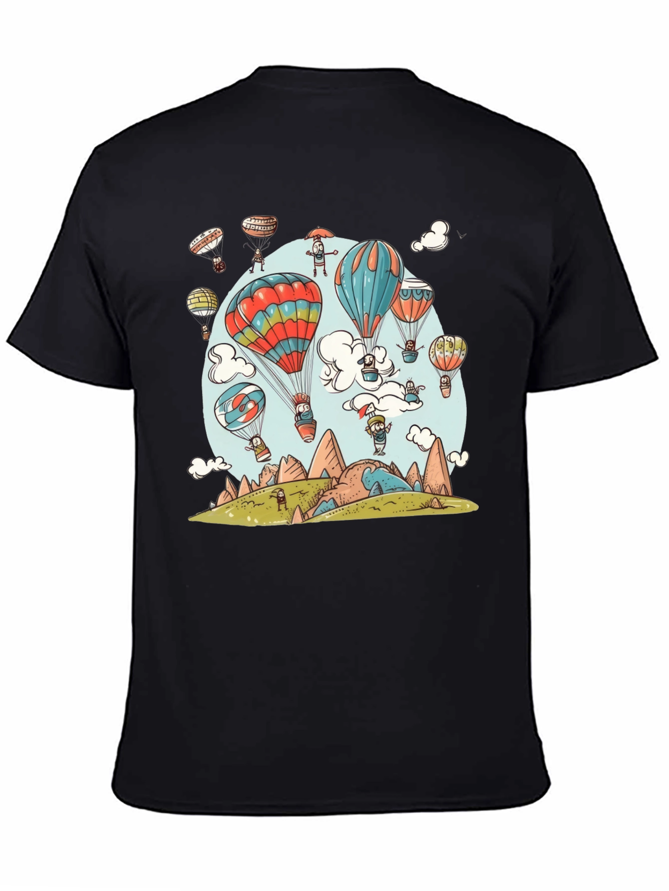 Cartoon Hot Air Balloon Graphic Tee - Black