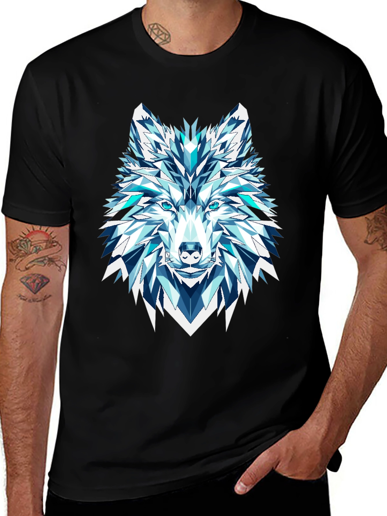 Geometric Wolf Graphic Tee - Black