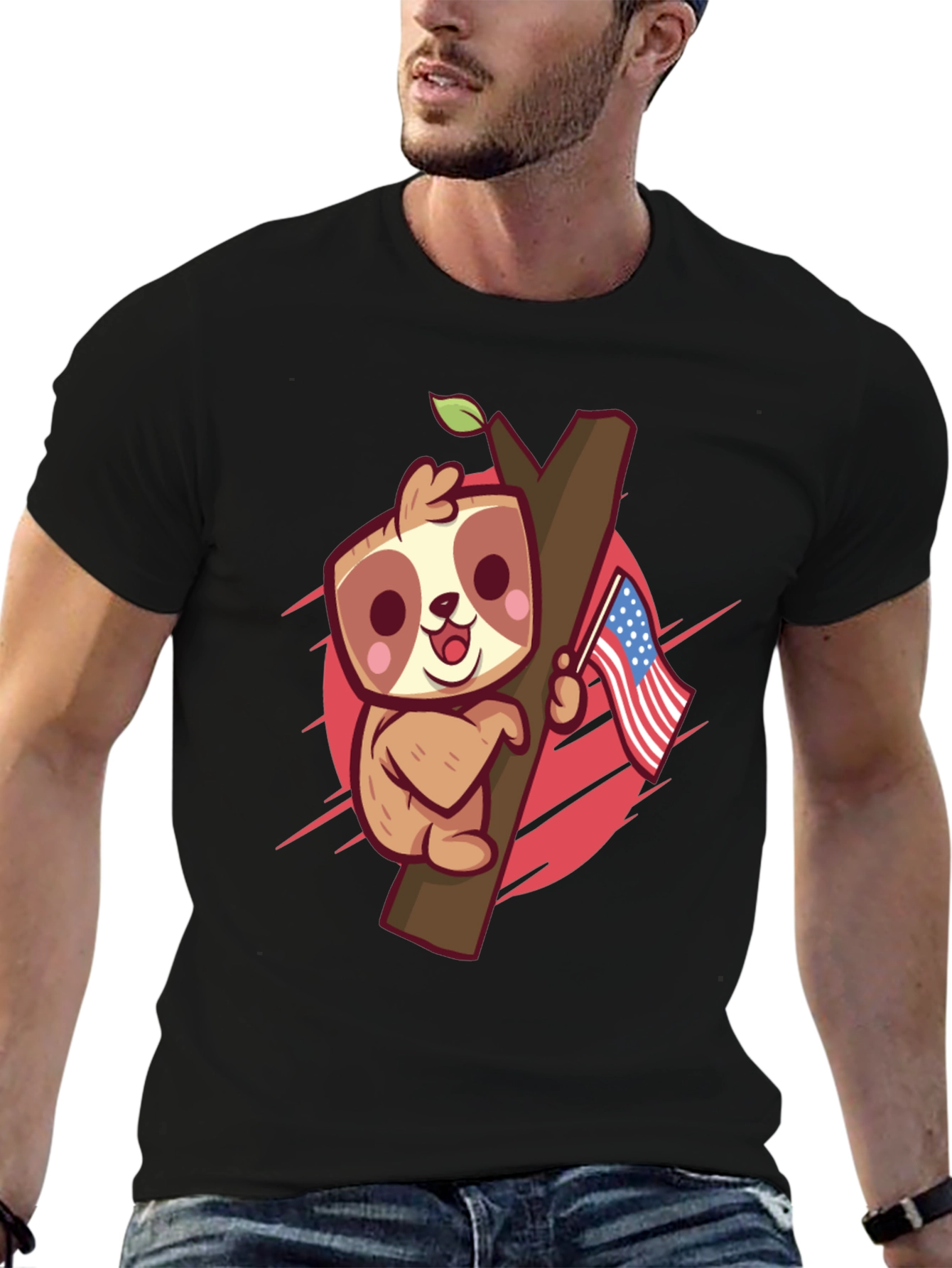 Cute Sloth Holding US Flag Graphic Tee