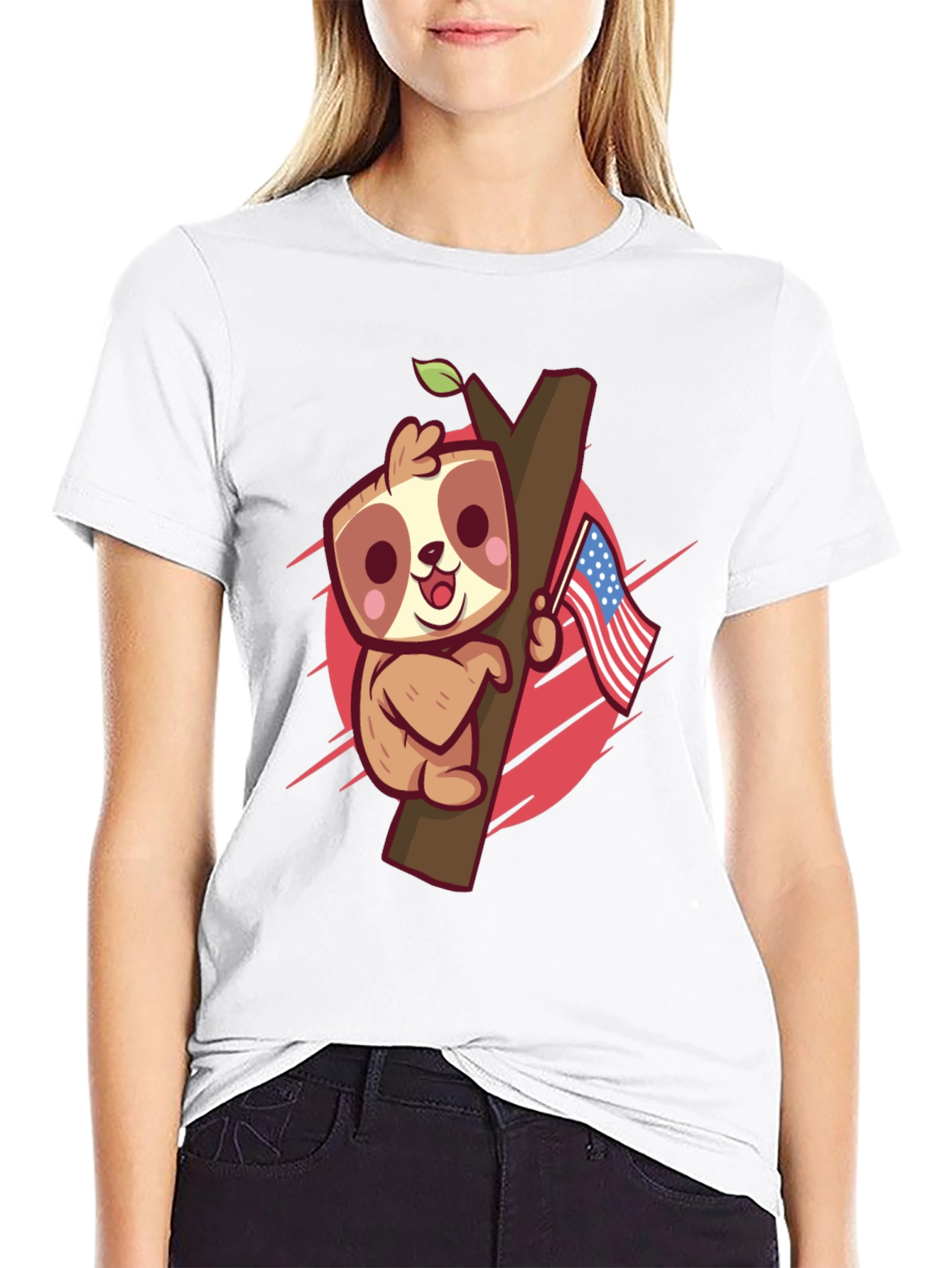 Cute Sloth Holding US Flag Graphic Tee