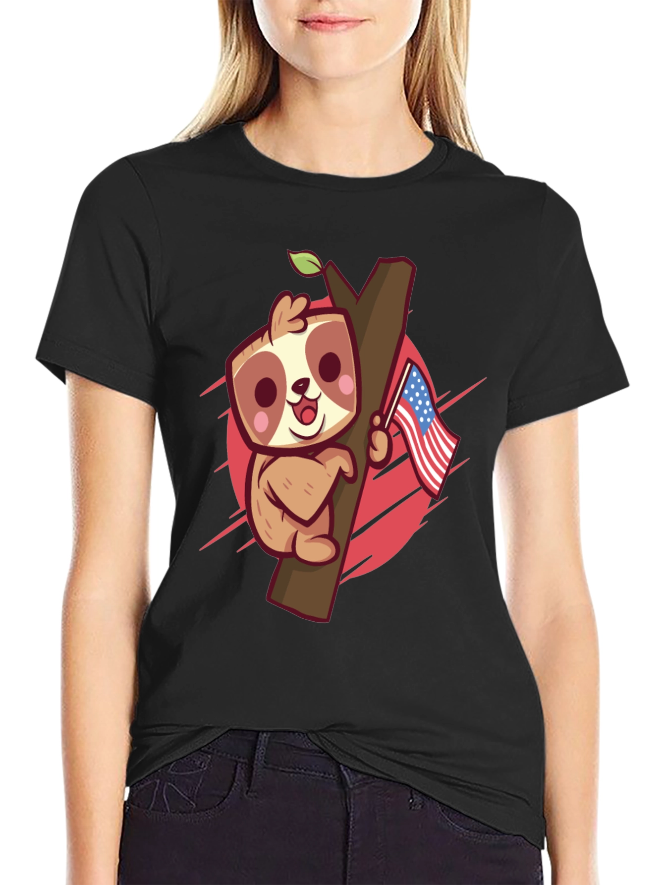 Cute Sloth Holding US Flag Graphic Tee