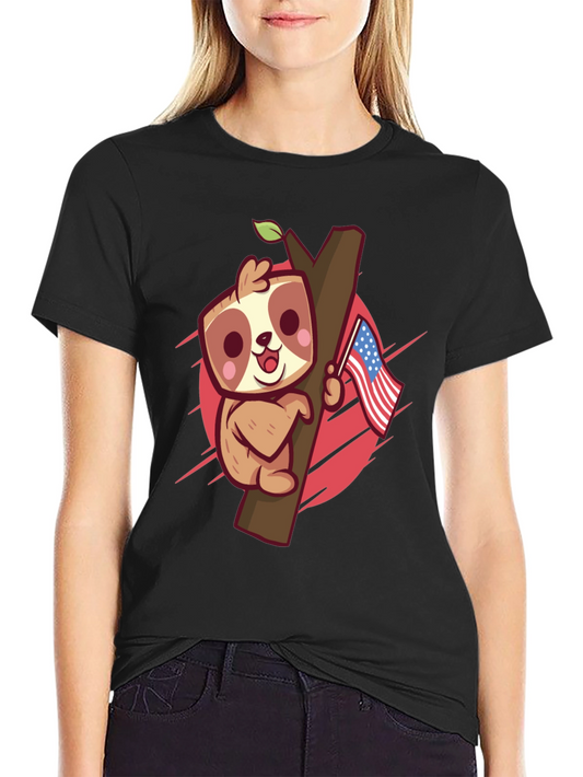 Cute Sloth Holding US Flag Graphic Tee