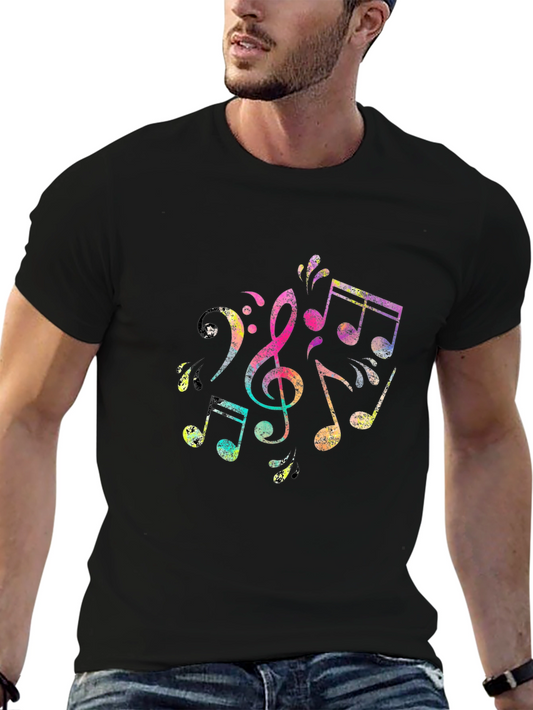 Colorful Music Note Graphic Black T-Shirt