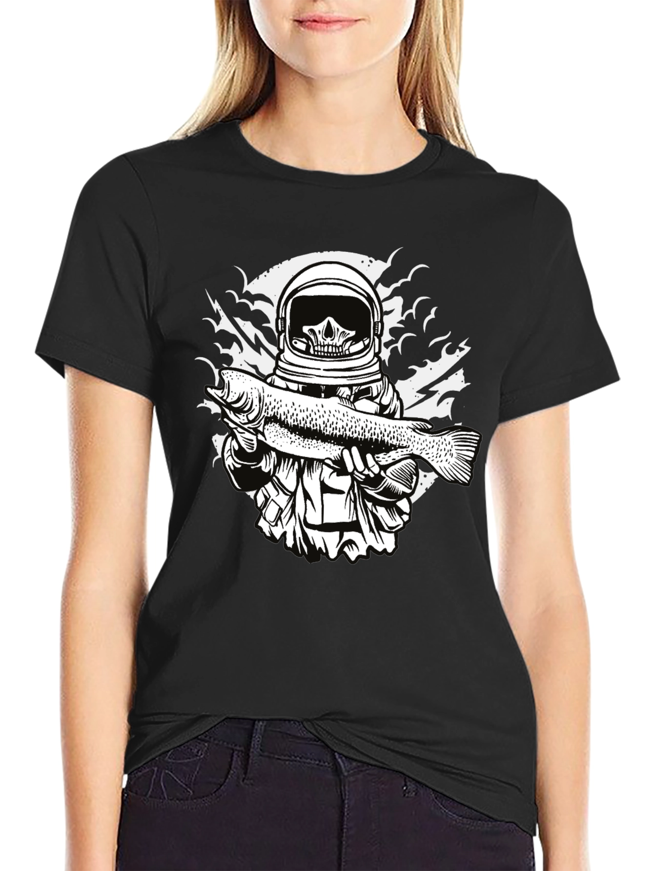 Astronaut Skull Fishing T-Shirt - Unique Graphic Tee