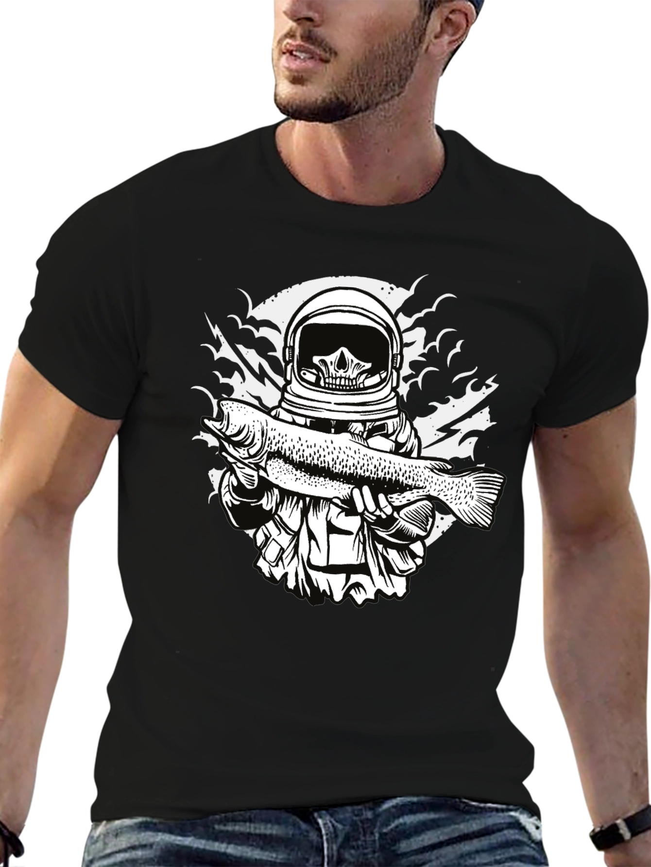 Astronaut Skull Fishing T-Shirt - Unique Graphic Tee