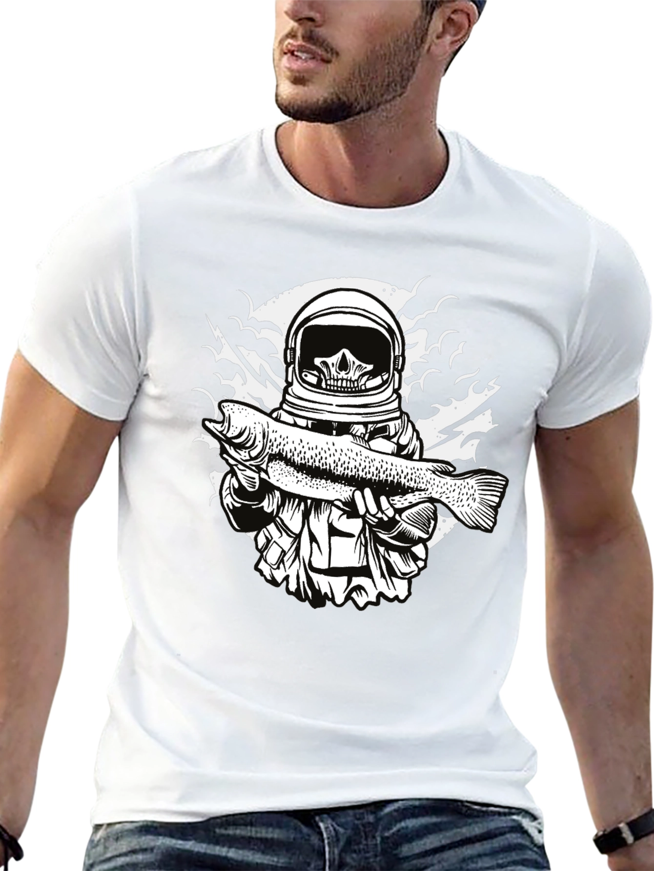 Astronaut Skull Fishing T-Shirt - Unique Graphic Tee