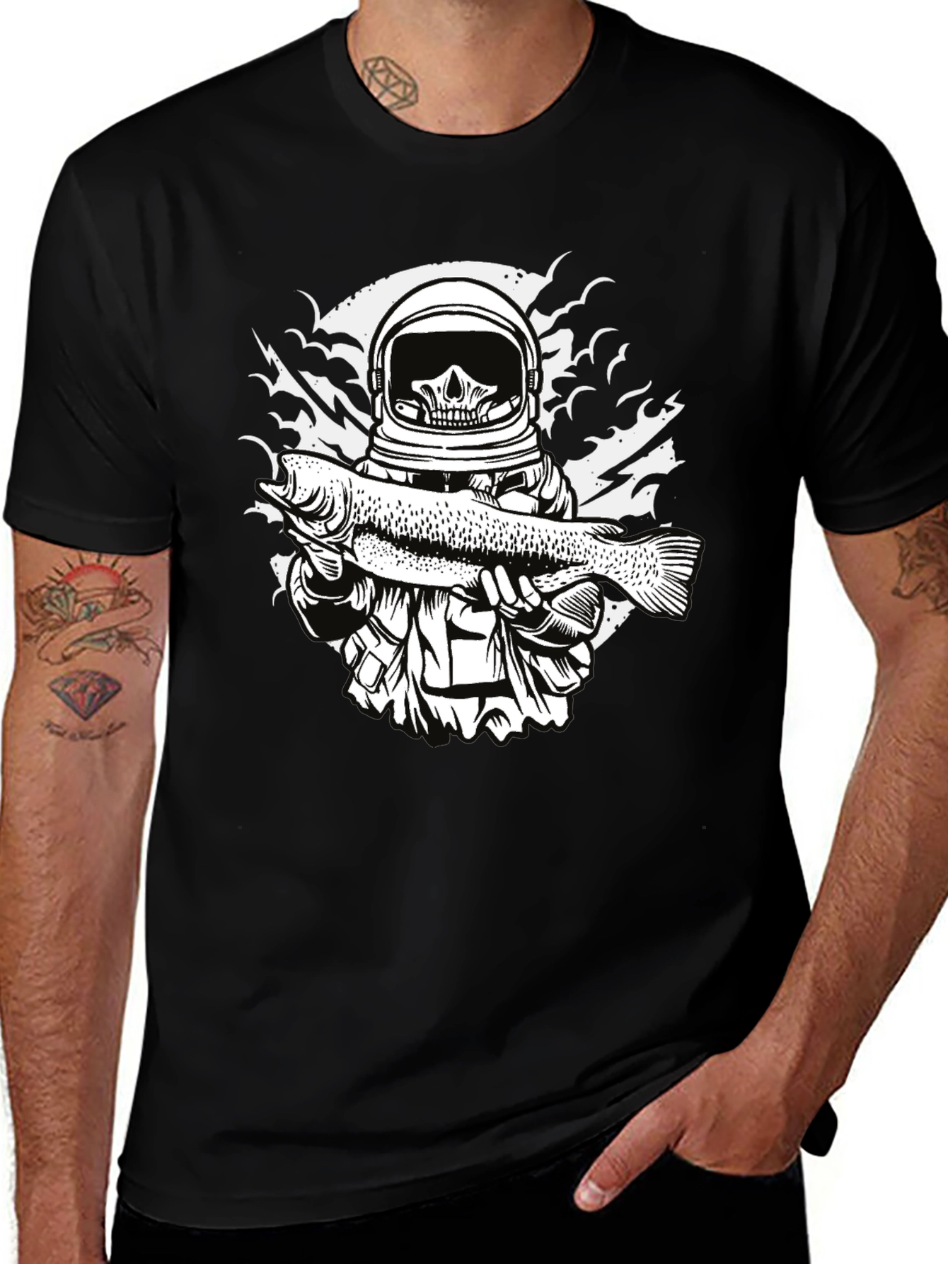 Astronaut Skull Fishing T-Shirt - Unique Graphic Tee