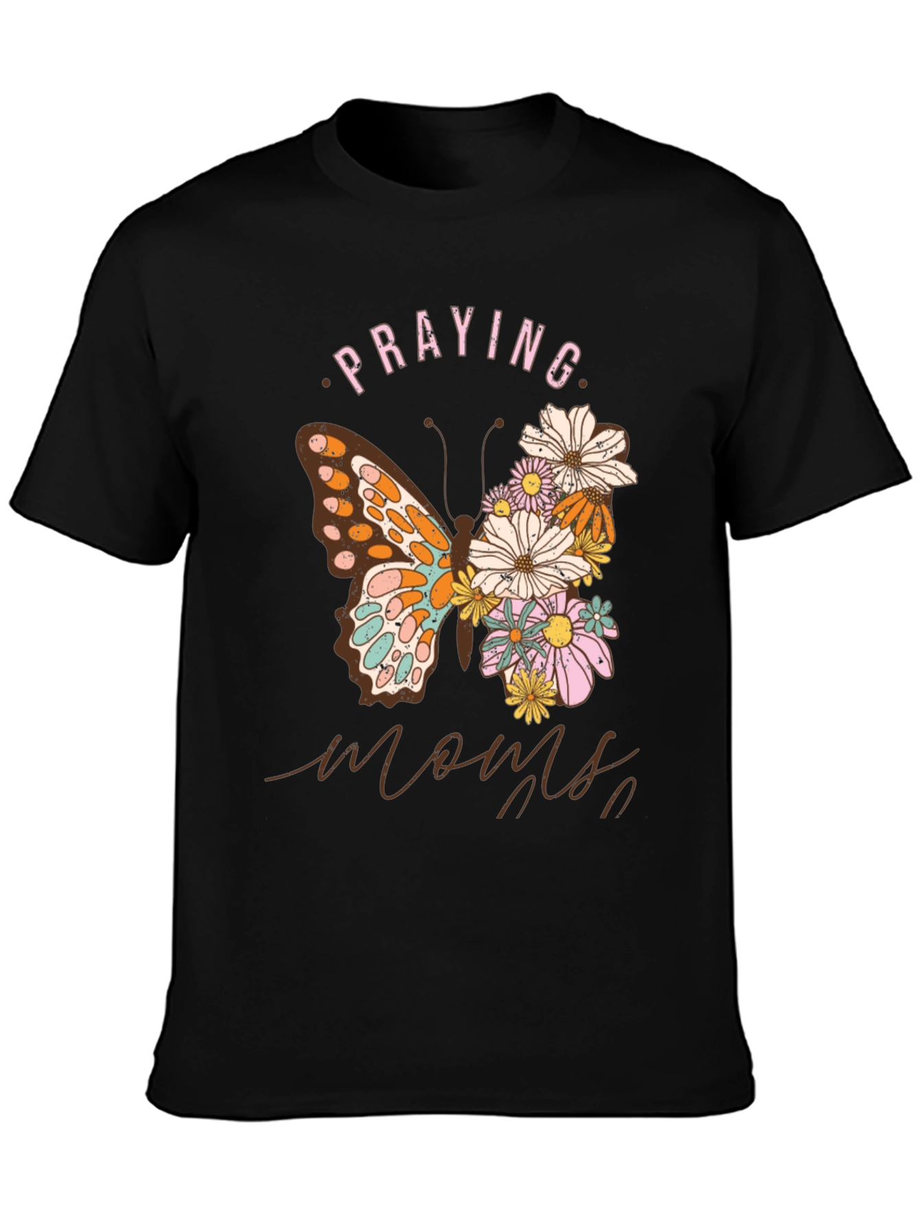 Praying Moms Butterfly Floral Black T-Shirt