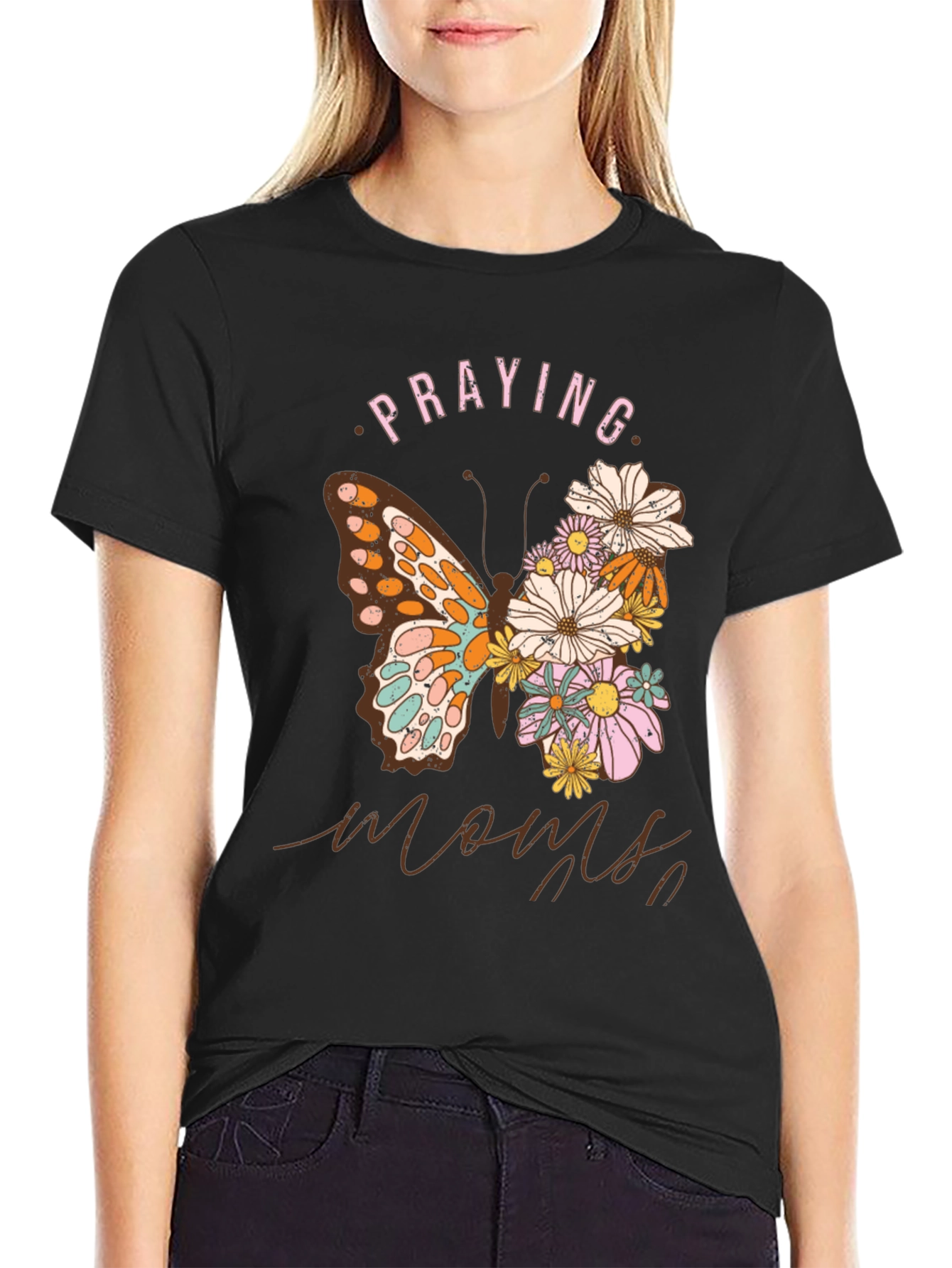 Praying Moms Butterfly Floral Black T-Shirt