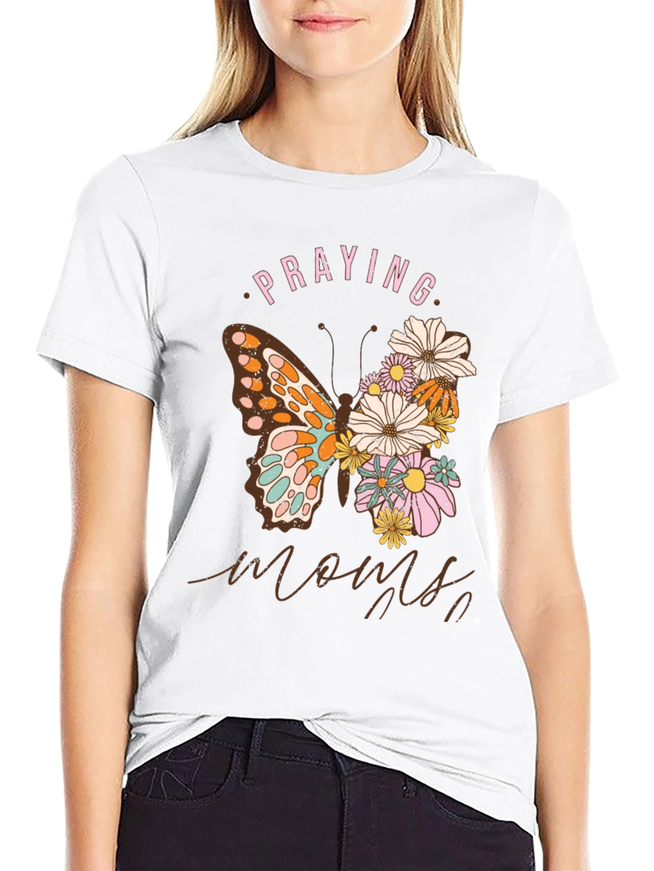 Praying Moms Butterfly Floral Black T-Shirt