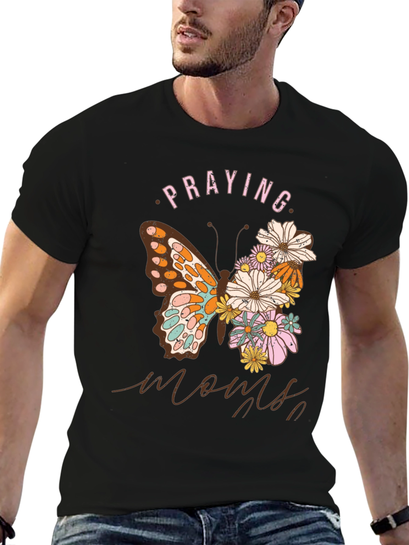 Praying Moms Butterfly Floral Black T-Shirt