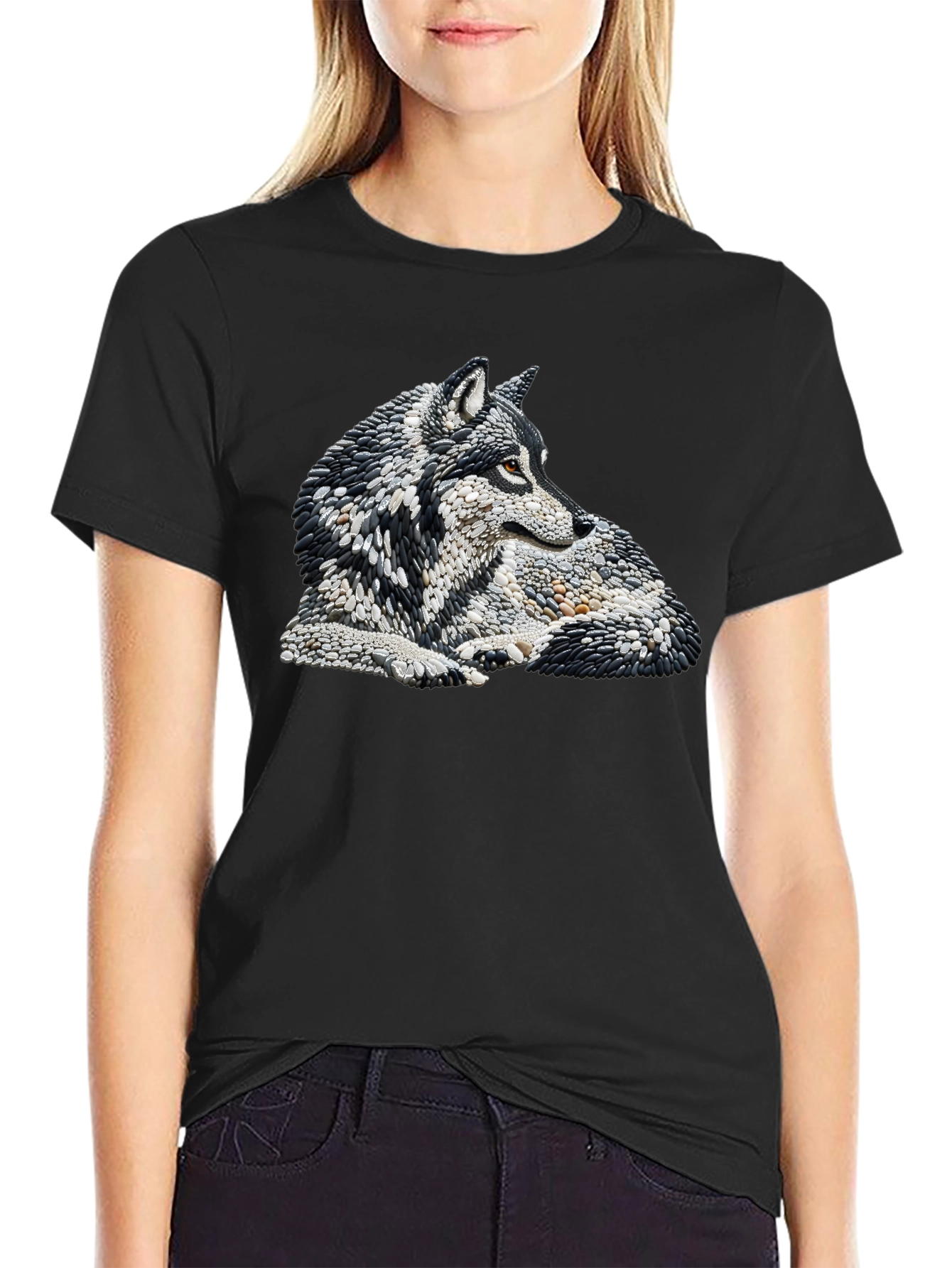 Wolf Stone Art Black T-Shirt