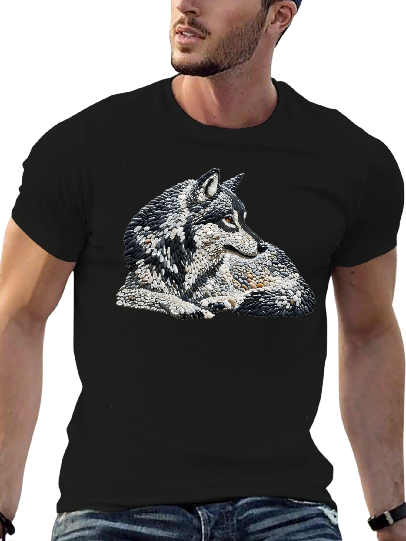 Wolf Stone Art Black T-Shirt