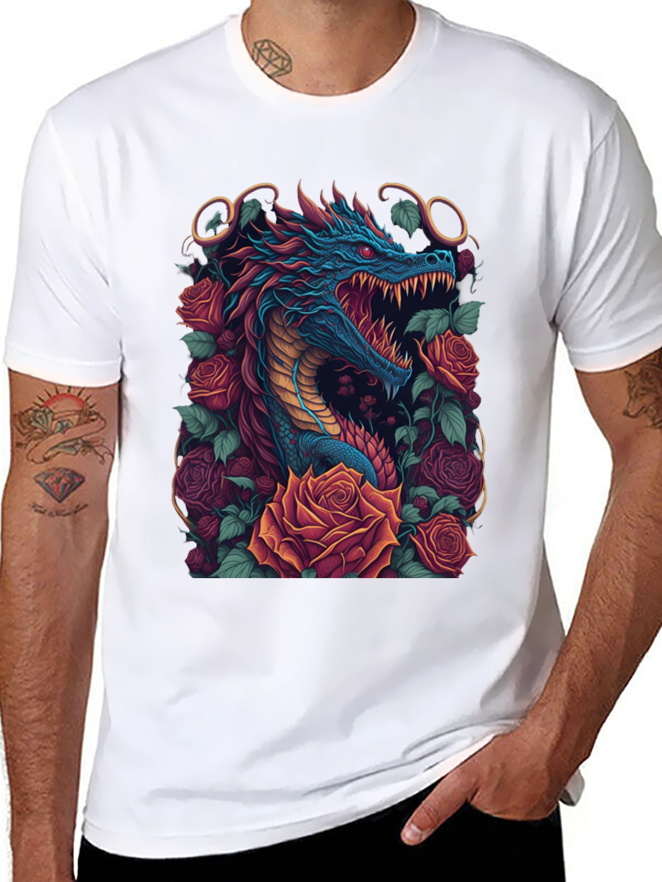 Dragon & Roses Graphic Tee - Unique Design