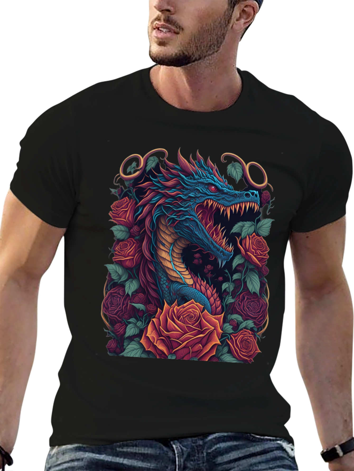 Dragon & Roses Graphic Tee - Unique Design