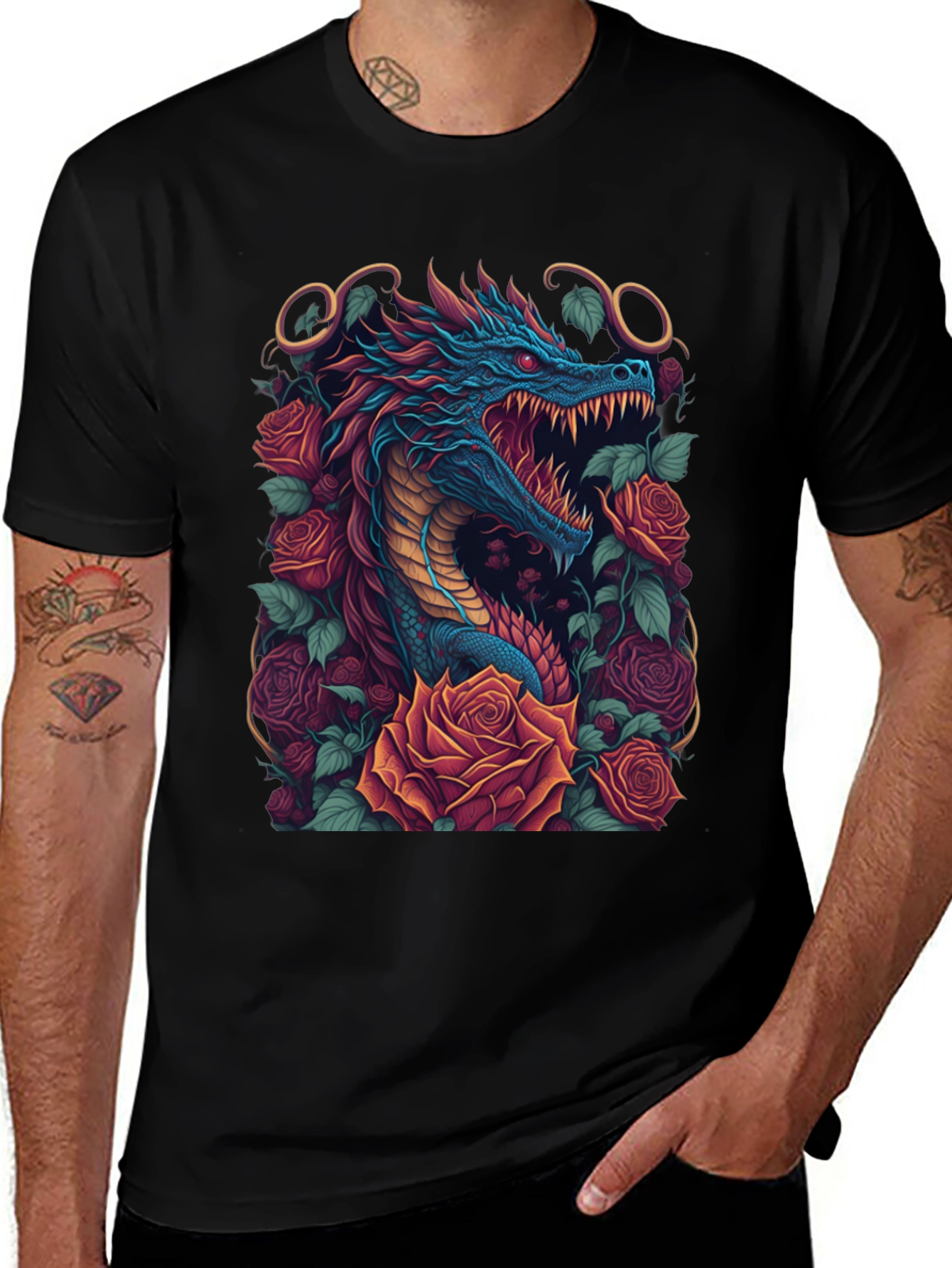Dragon & Roses Graphic Tee - Unique Design