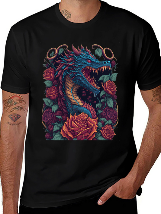 Dragon & Roses Graphic Tee - Unique Design
