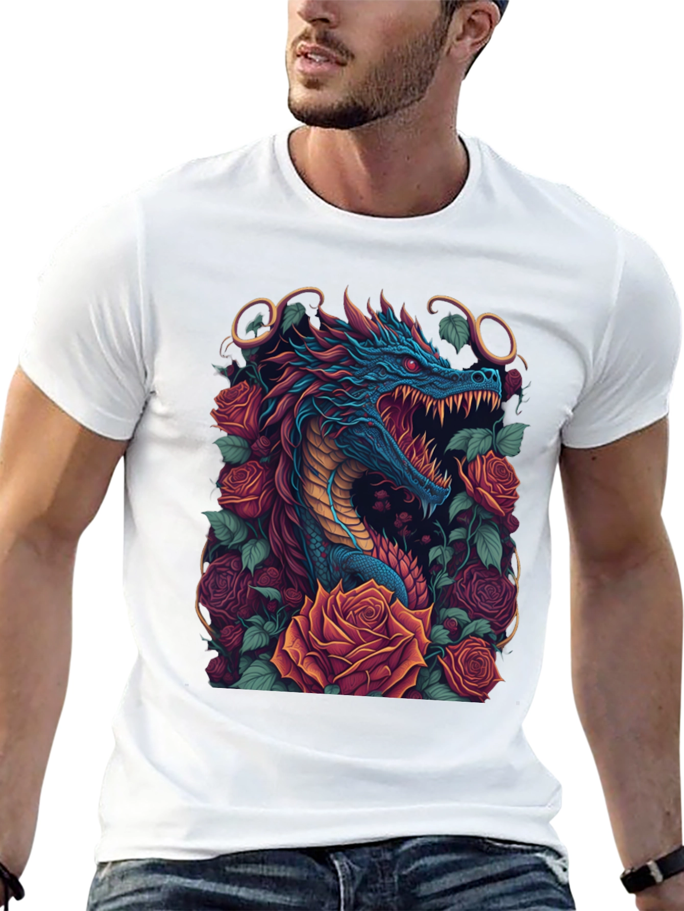 Dragon & Roses Graphic Tee - Unique Design